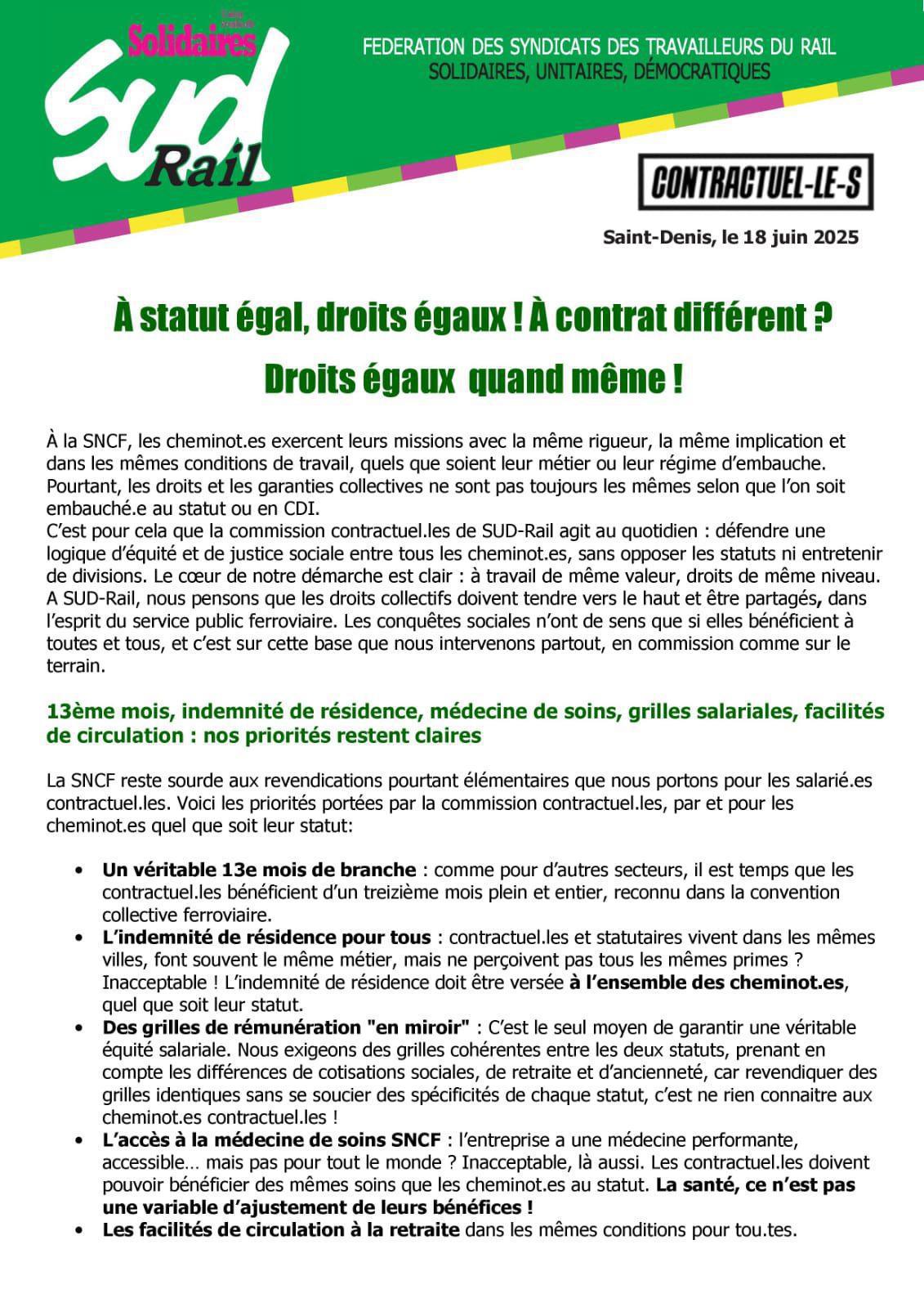 SUD-Rail // A statut égal, droit égaux ! A contrat différent ? Droit égaux quand même !