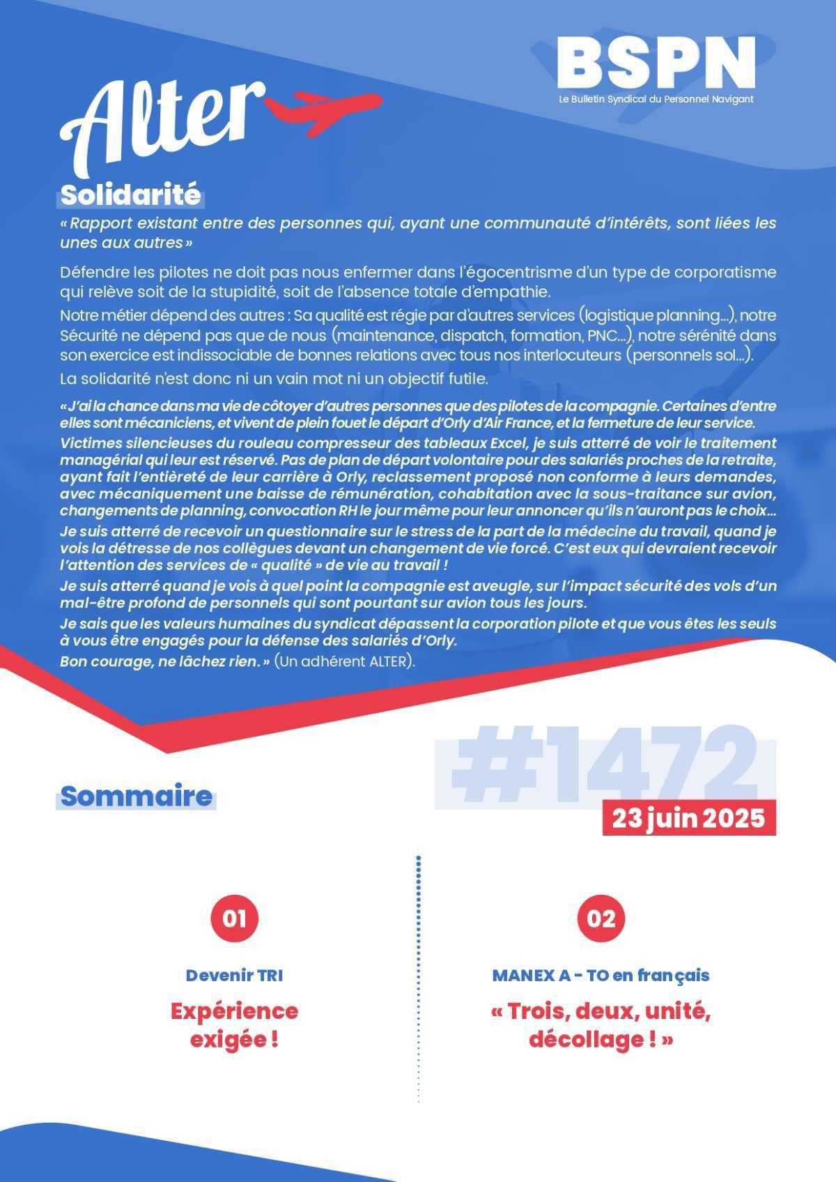 ALTER // Bulletin Syndical du Personnel Naviguant # 1472 du 23 juin 2025