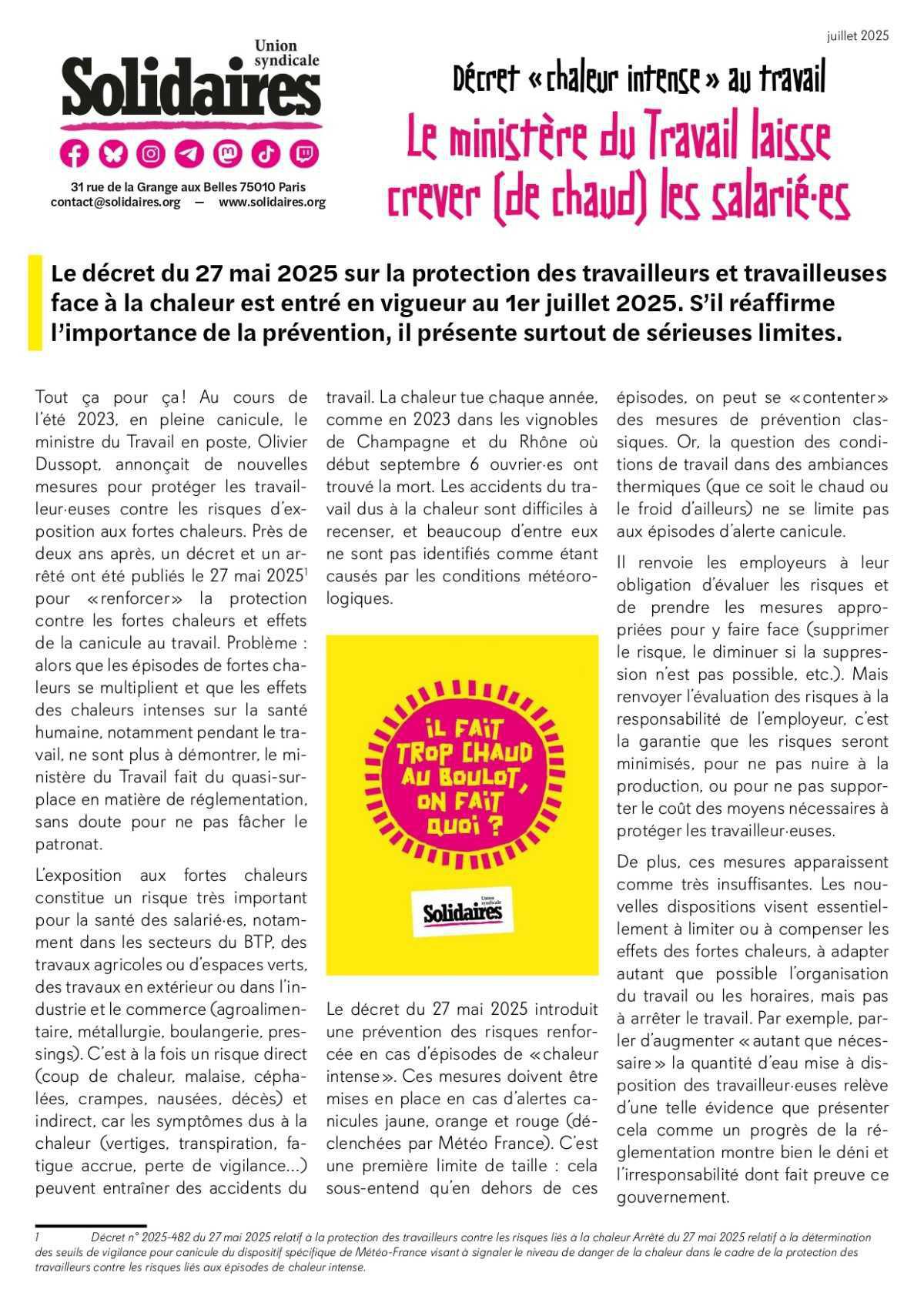 Décret « chaleur intense » au travail // Le ministère du Travail laisse crever (de chaud) les salariés
