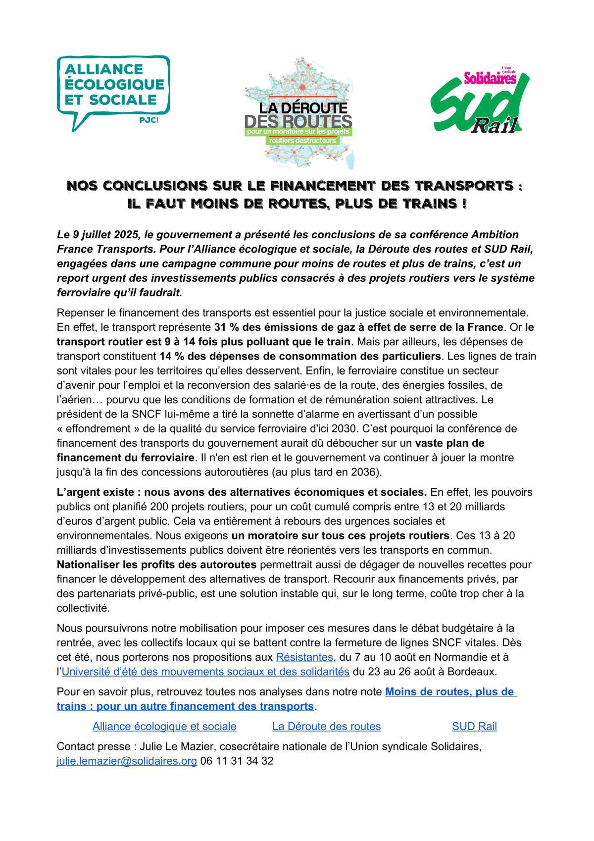 Alliance écologique et sociale // Moins de routes, plus de trains !