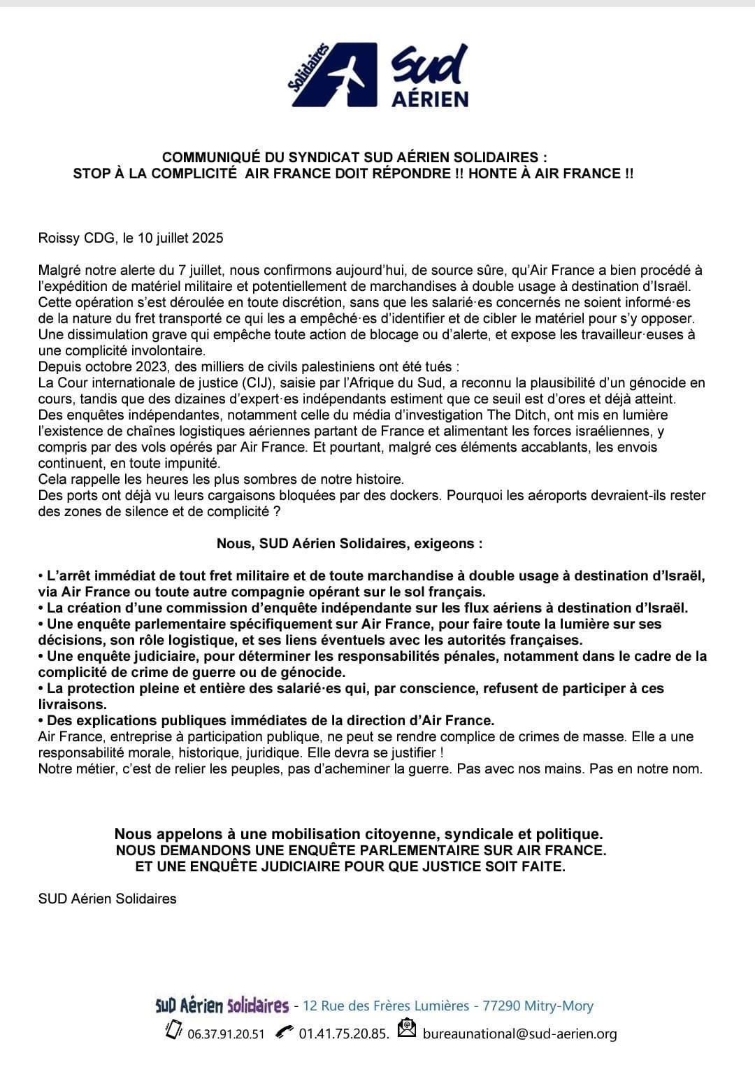 SUD Aérien // Livraisons d'armes, Air France doit répondre !