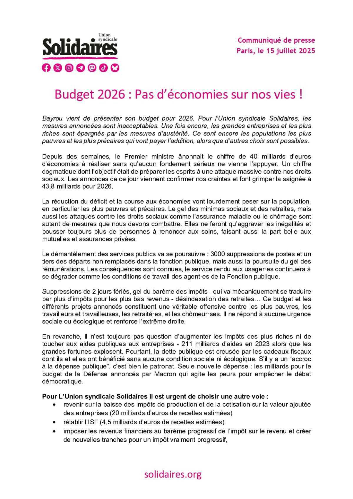 Solidaires // Budget : pas d'économies sur nos vies !