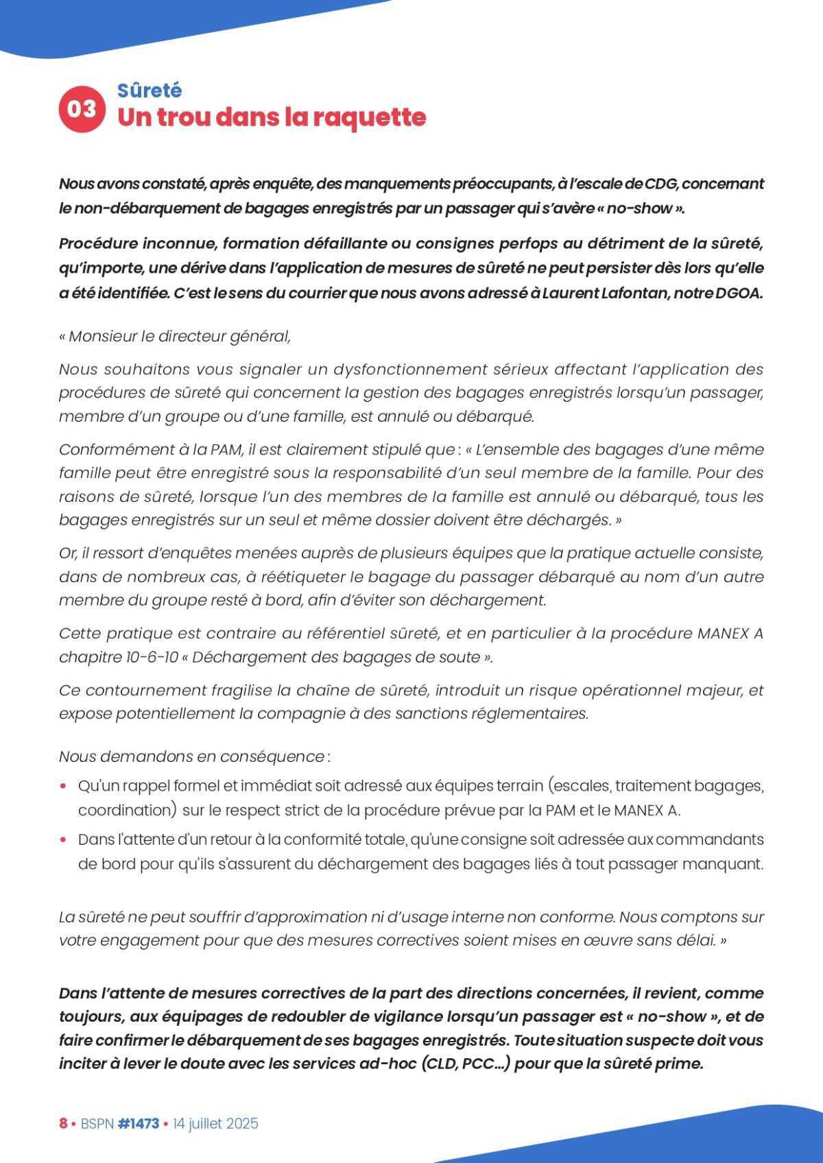 ALTER // Bulletin Syndical du Personnel Naviguant # 1473 du 14/07/25