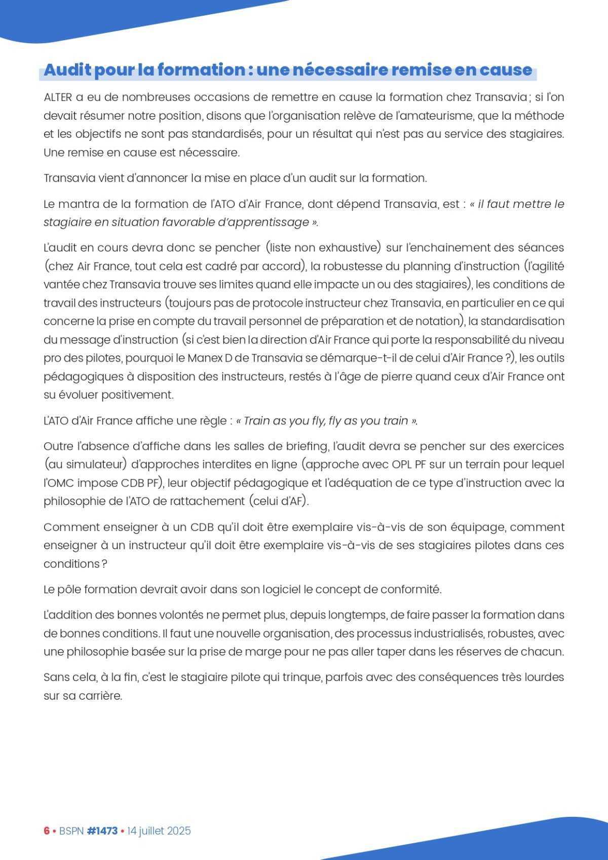 ALTER // Bulletin Syndical du Personnel Naviguant # 1473 du 14/07/25