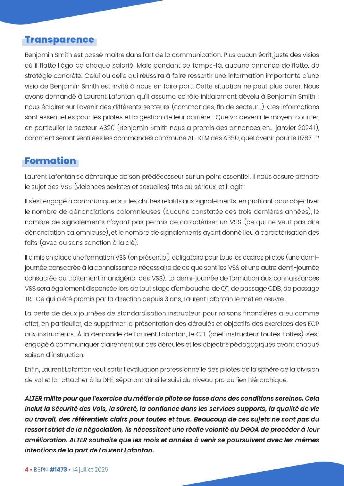 ALTER // Bulletin Syndical du Personnel Naviguant # 1473 du 14/07/25