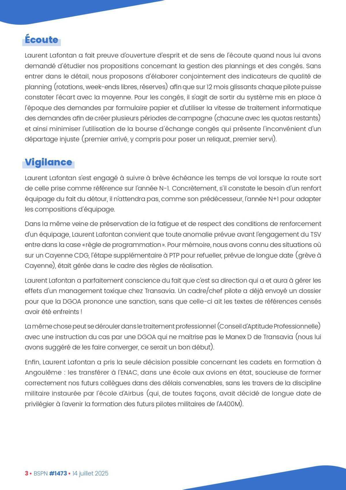 ALTER // Bulletin Syndical du Personnel Naviguant # 1473 du 14/07/25