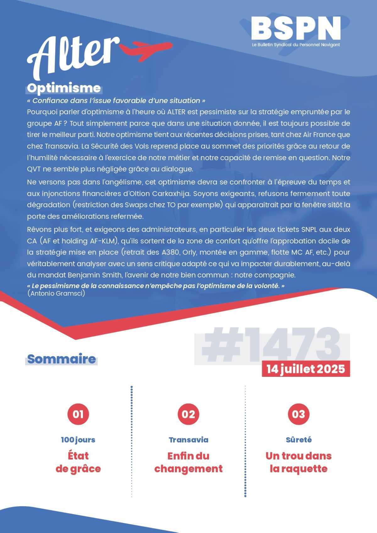ALTER // Bulletin Syndical du Personnel Naviguant # 1473 du 14/07/25