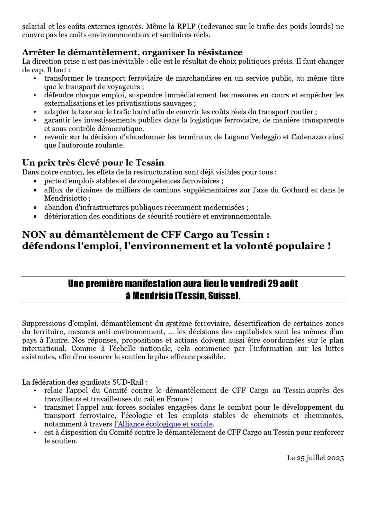 RSISL // Non au démantellement de CFF Cargo au Tessin !