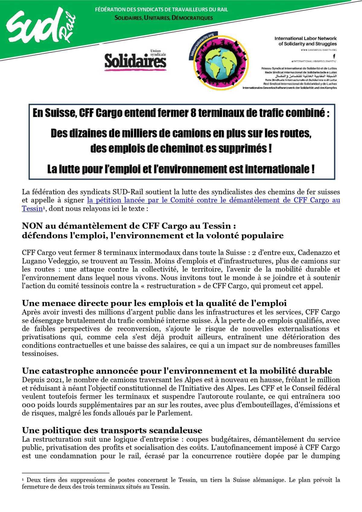 RSISL // Non au démantellement de CFF Cargo au Tessin !
