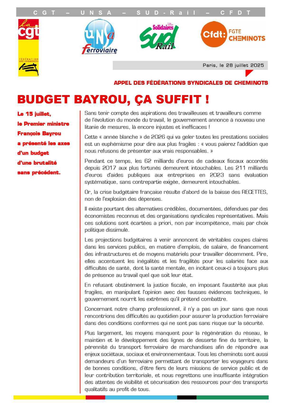 Appel unitaire cheminot // Budget Bayrou, ca suffit !