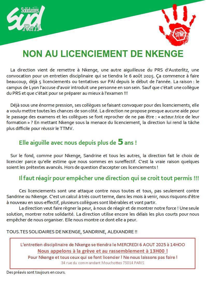SUD-Rail // Mercredi 6 août à Montparnasse, non au licenciement de Nkenge !