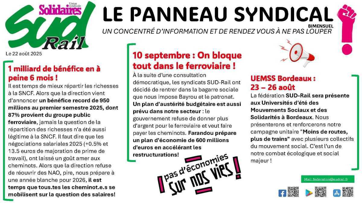SUD-Rail // Le panneau syndical du 22 août 2025