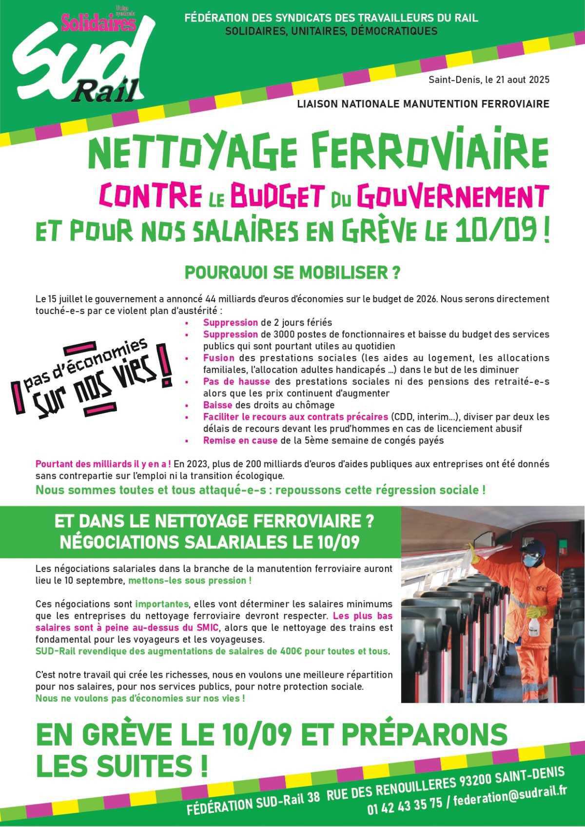 SUD-Rail // 10 septembre : Appel à la grève dans le nettoyage ferroviaire