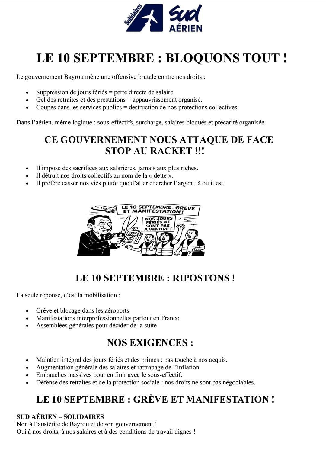 SUD Aérien // Le 10 septembre : bloquons tout !