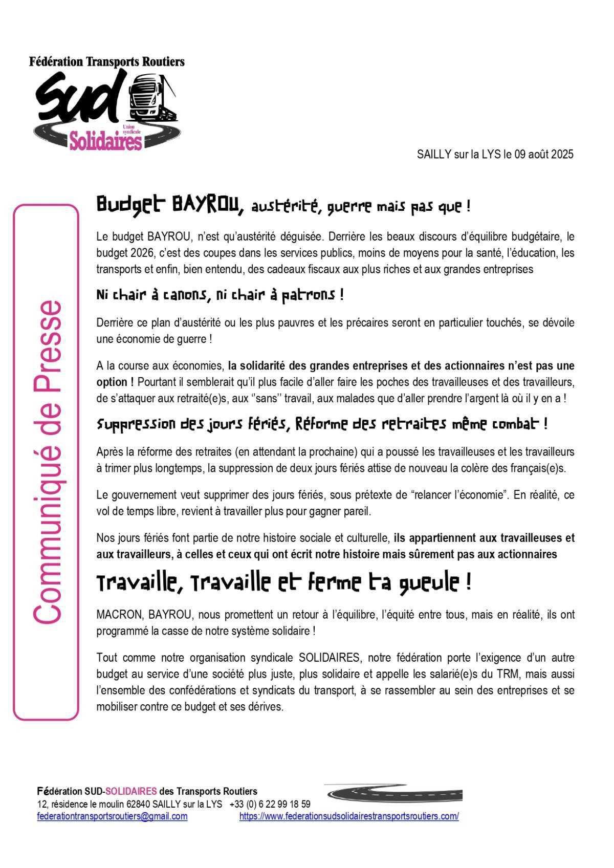 Fédération SUD Solidaires Transports Routiers // Budget Bayrou : Communiqué de presse