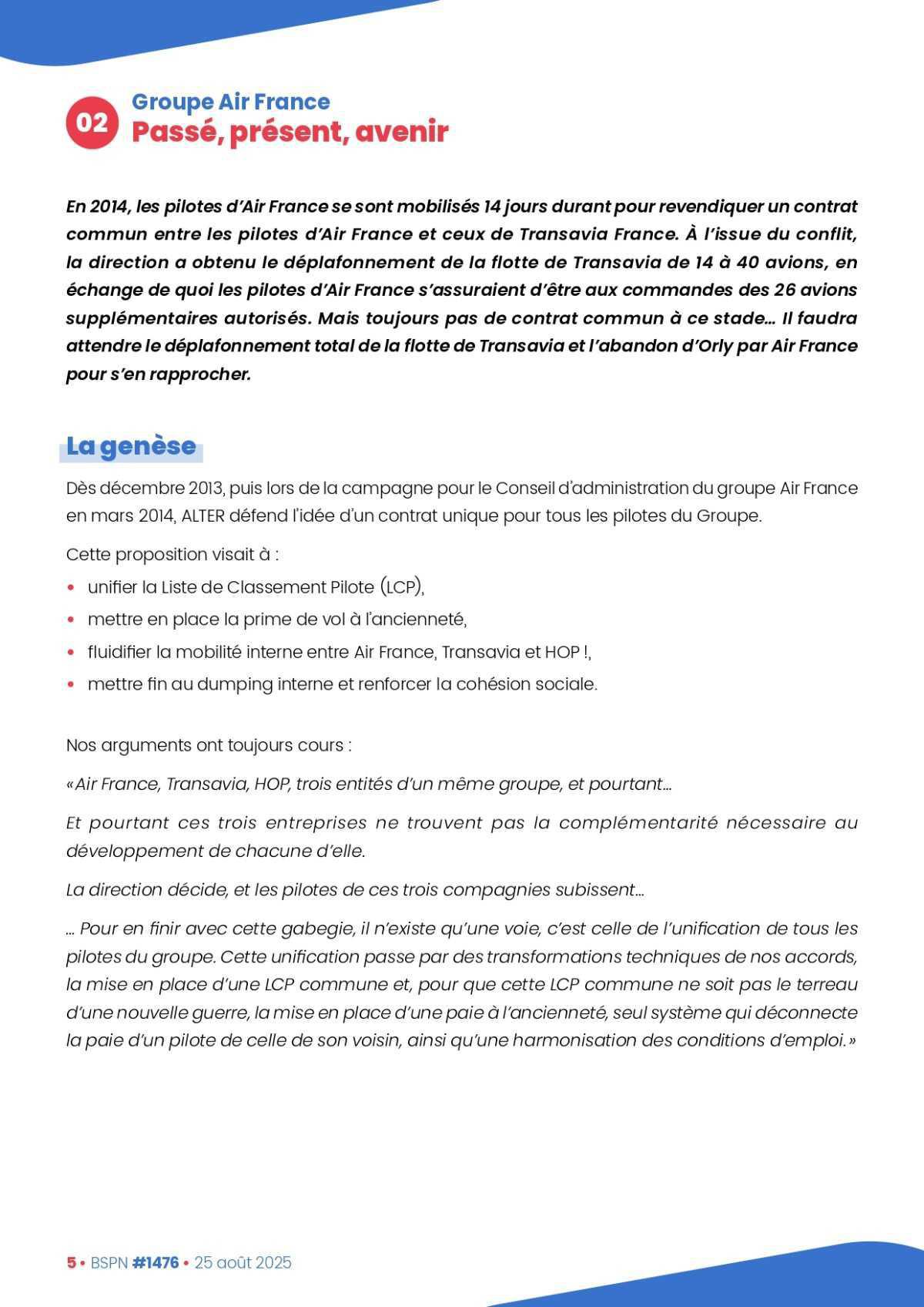 ALTER // Bulletin Syndical du Personnel Naviguant # 1476 du 25 août 2025