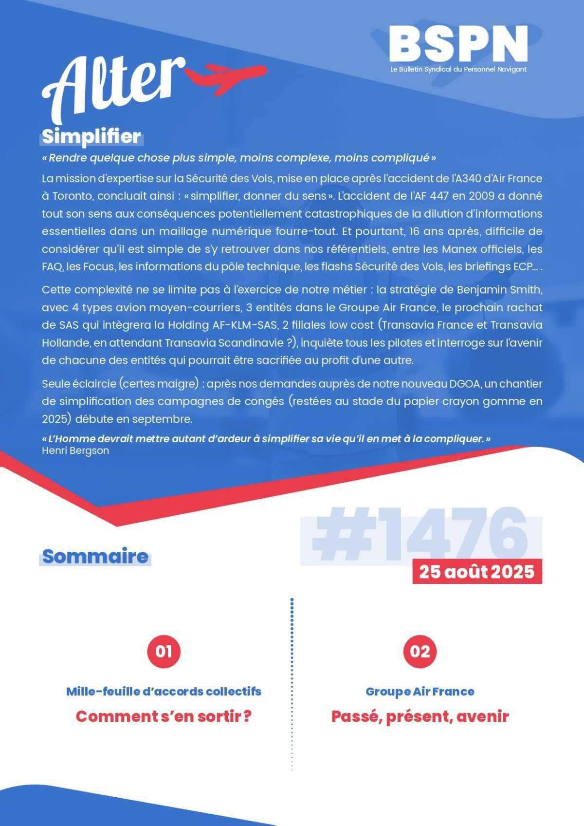 ALTER // Bulletin Syndical du Personnel Naviguant # 1476 du 25 août 2025