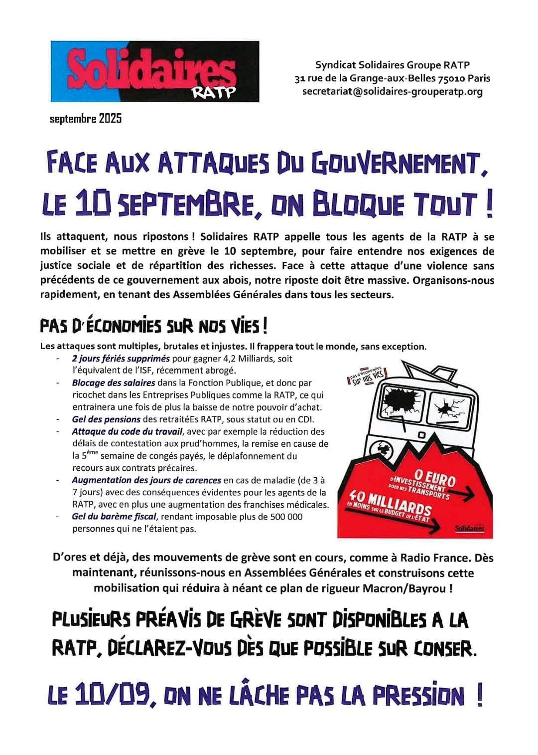 Solidaires RATP // le 10 septembre, on bloque tout !