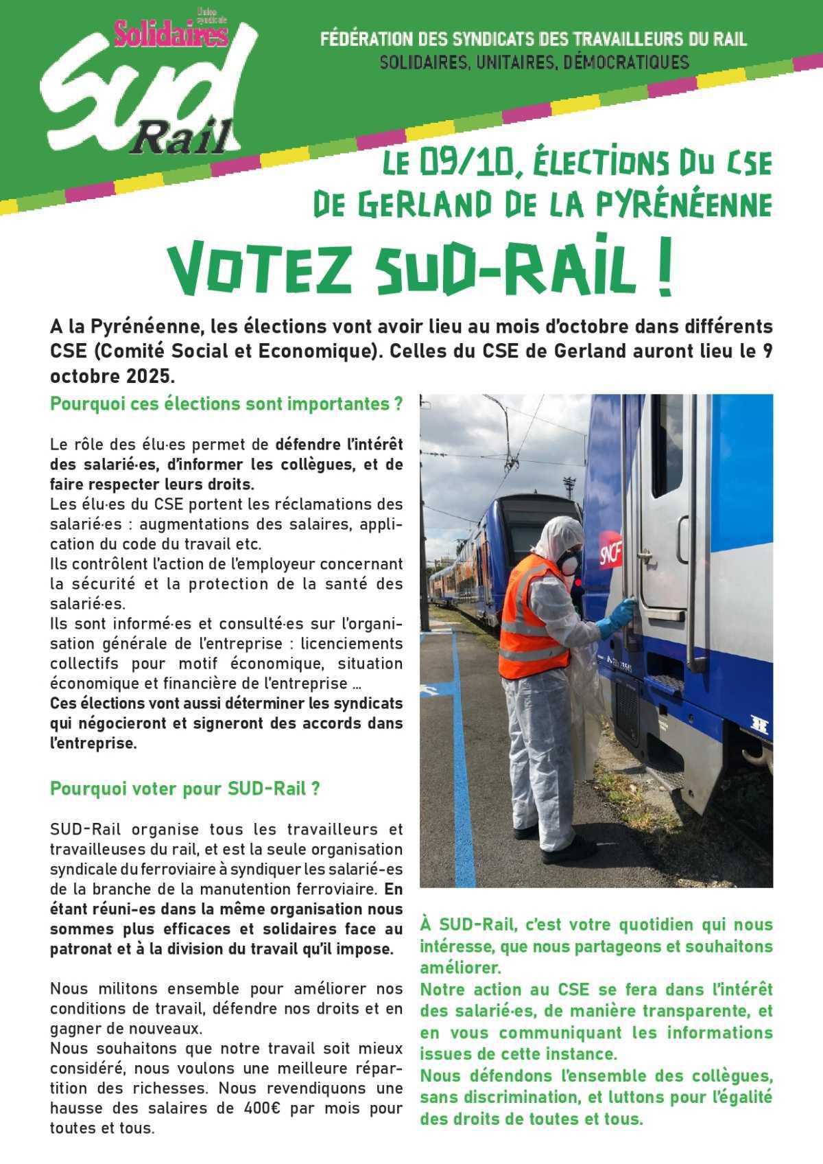 Votez pour la liste SUD-Rail au CSE de Gerland de la Pyrénéenne !