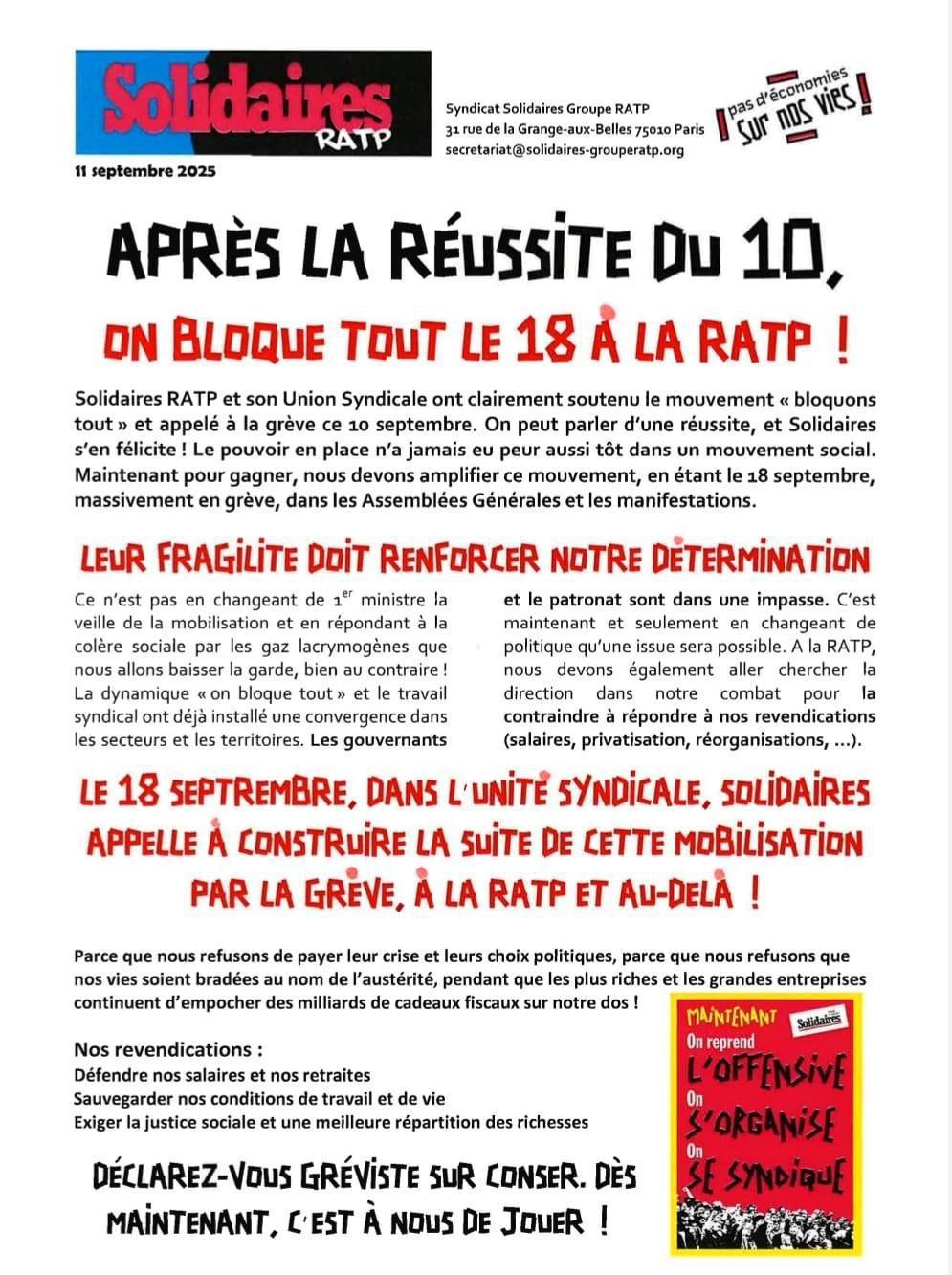 Solidaires RATP // Après la réussite du 10, on bloque tout le 18 !