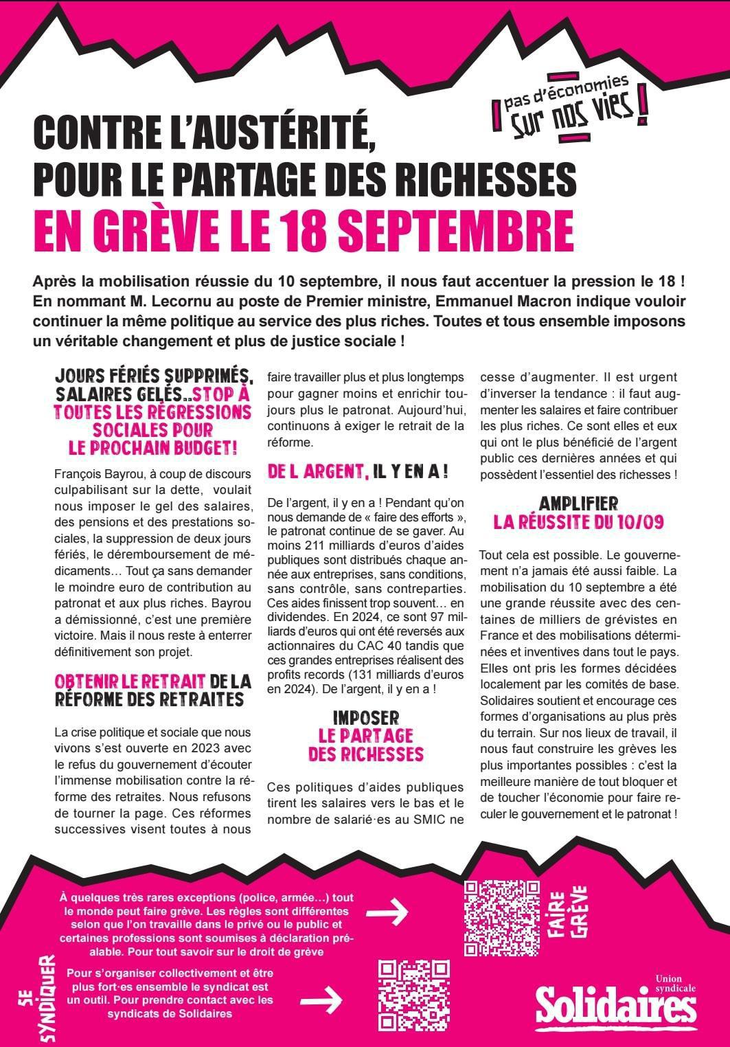 Contre l'austérité, pour le partage des richesses, en grève le 18 !