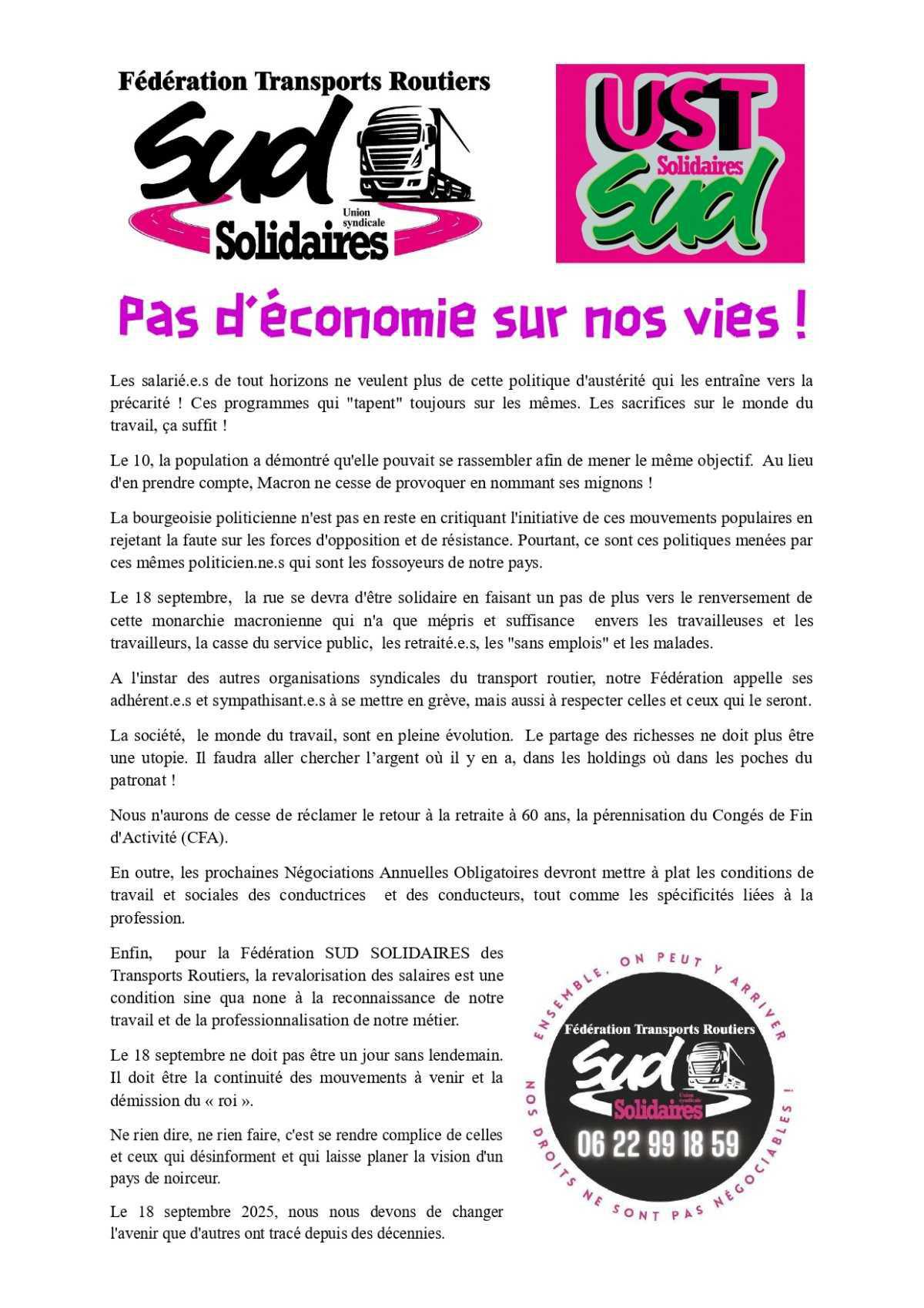 Fédération SUD Solidaires des Transports Routiers // Pas d'économie sur nos vies !
