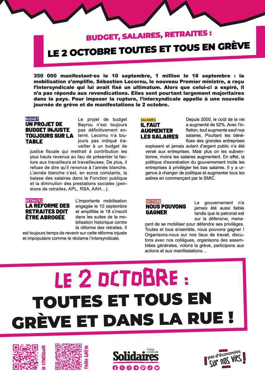 Budget, salaires, retraites, tous en grève le 2 octobre !