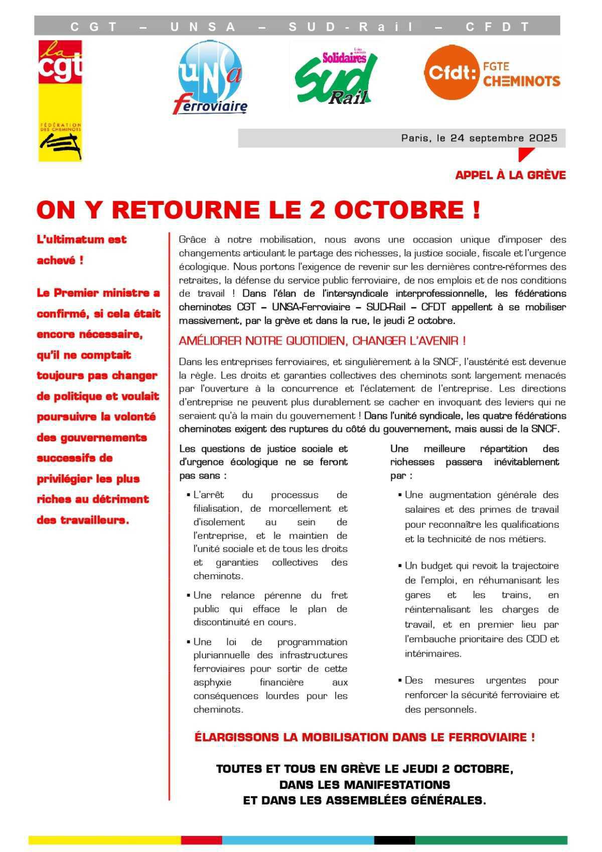 Appel unitaire SNCF à la grève le 2 octobre
