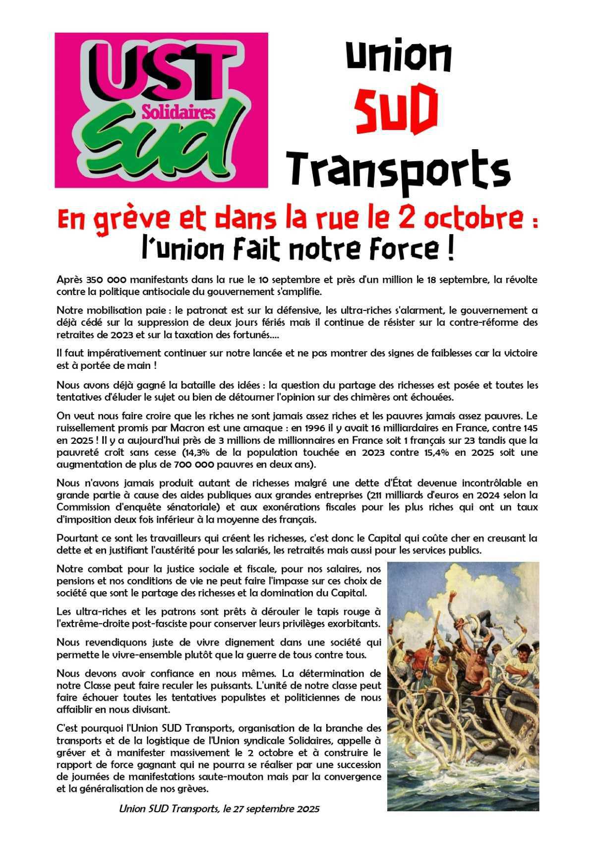 UST-SUD // En grève et dans la rue le 2 octobre : l'union fait notre force !