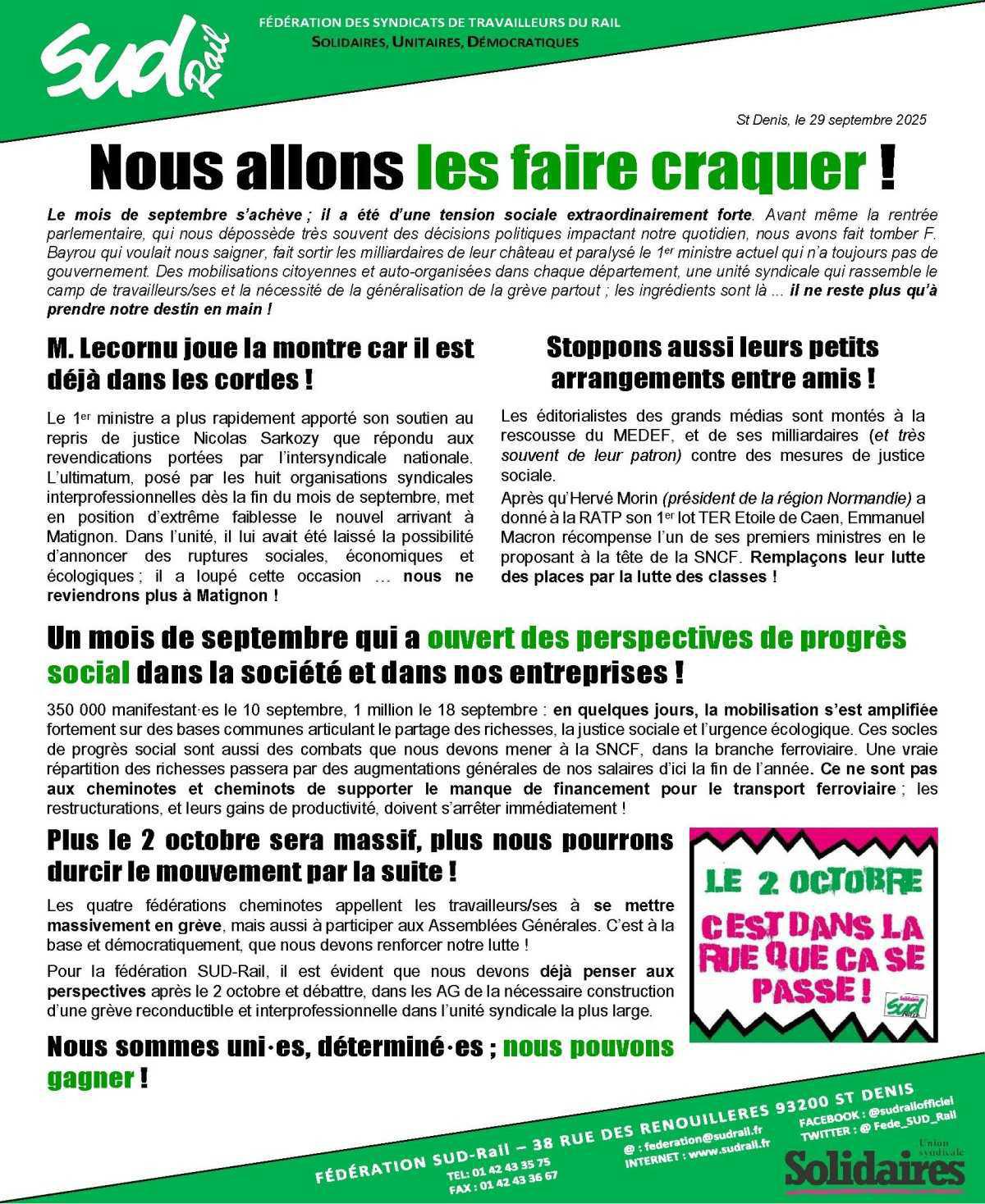 SUD-Rail // En grève le 2 octobre, nous allons les faire craquer !