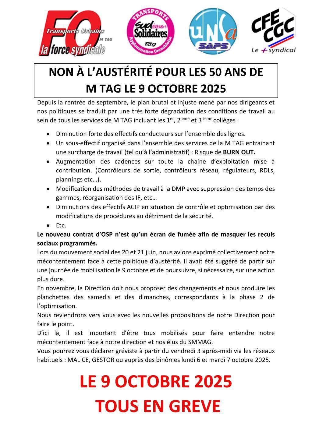Appel unitaire à la grève chez M TAG le 9 octobre