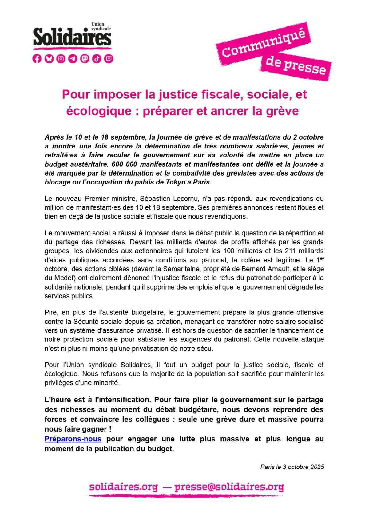 Pour préparer la justice fiscale et sociale, il faut ancrer la grève