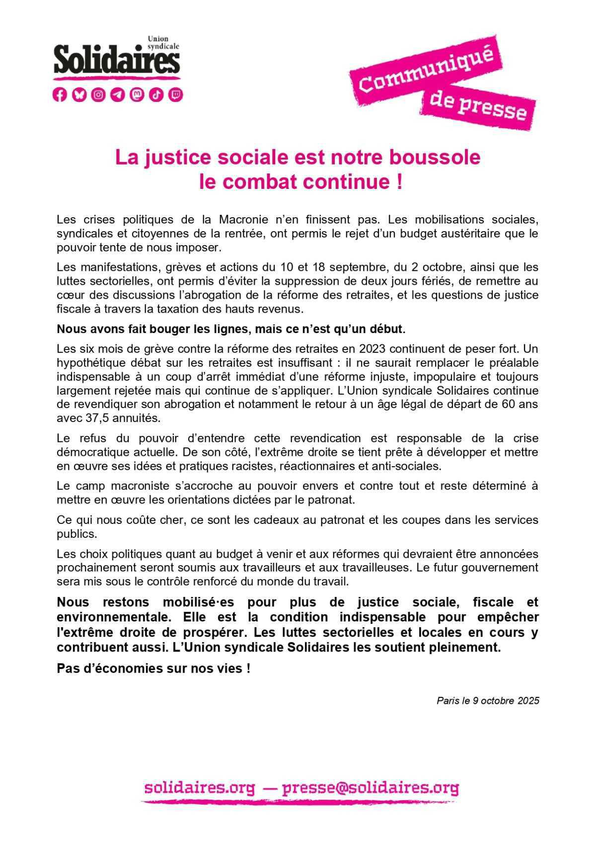 Solidaires // La justice sociale est notre boussole, le combat continue ! 