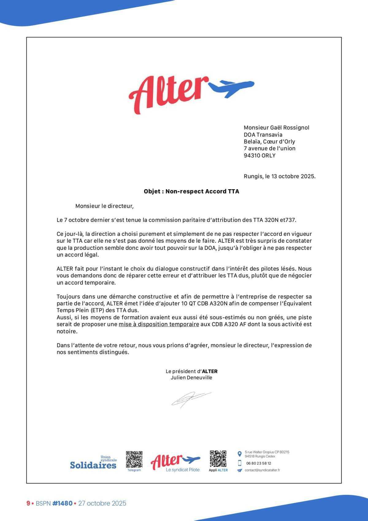 ALTER // Bulletin Syndical du Personnel Naviguant # 1480 du 27 octobre 2025