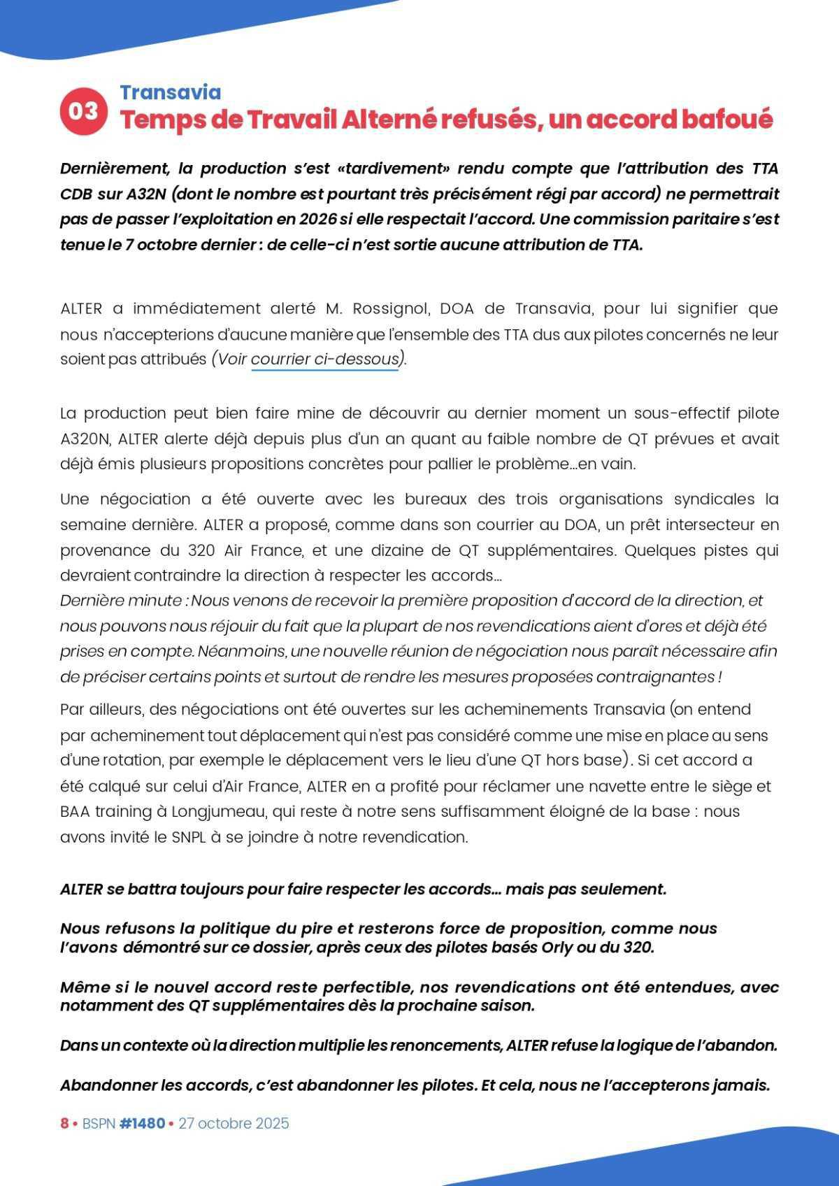 ALTER // Bulletin Syndical du Personnel Naviguant # 1480 du 27 octobre 2025
