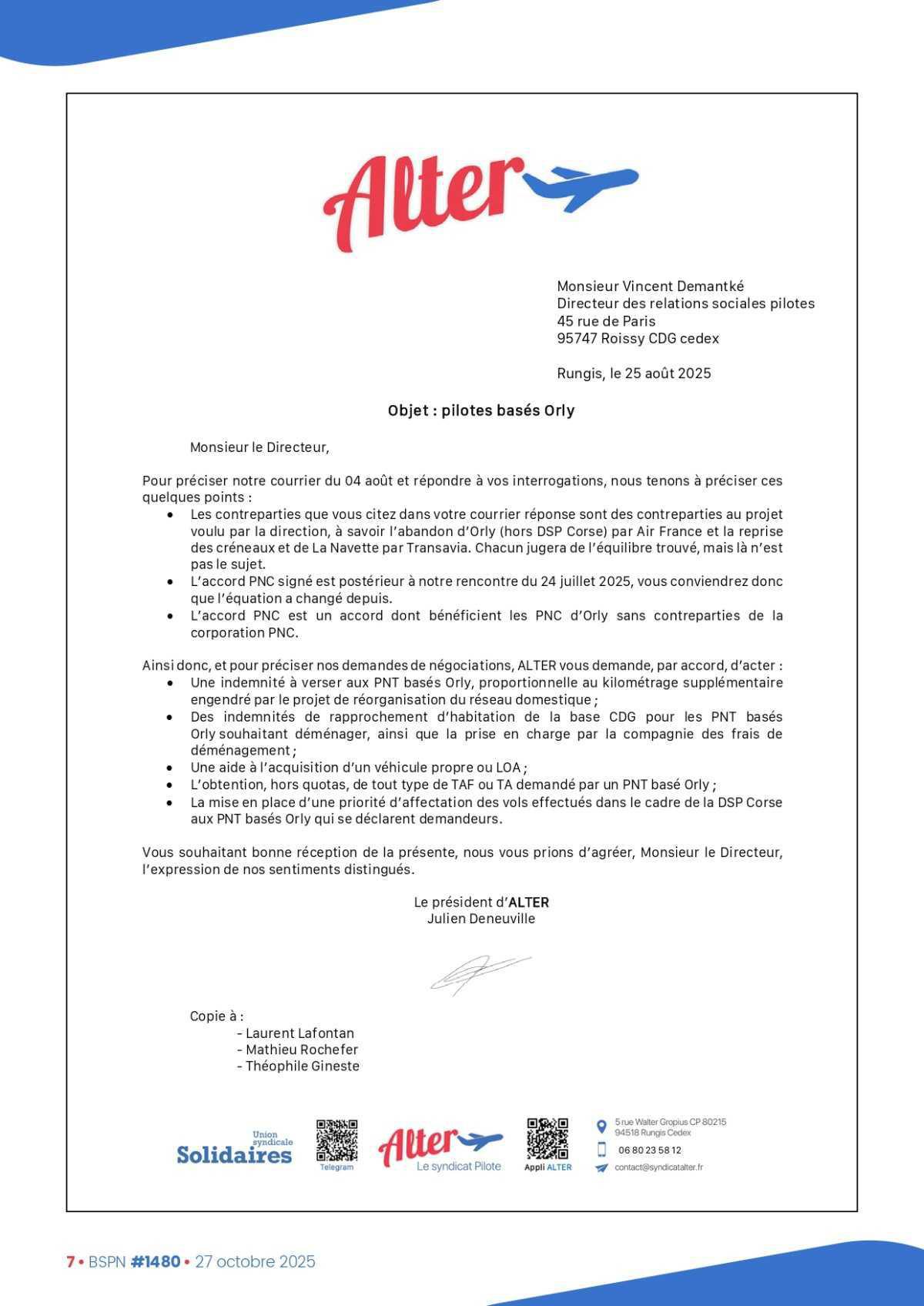 ALTER // Bulletin Syndical du Personnel Naviguant # 1480 du 27 octobre 2025