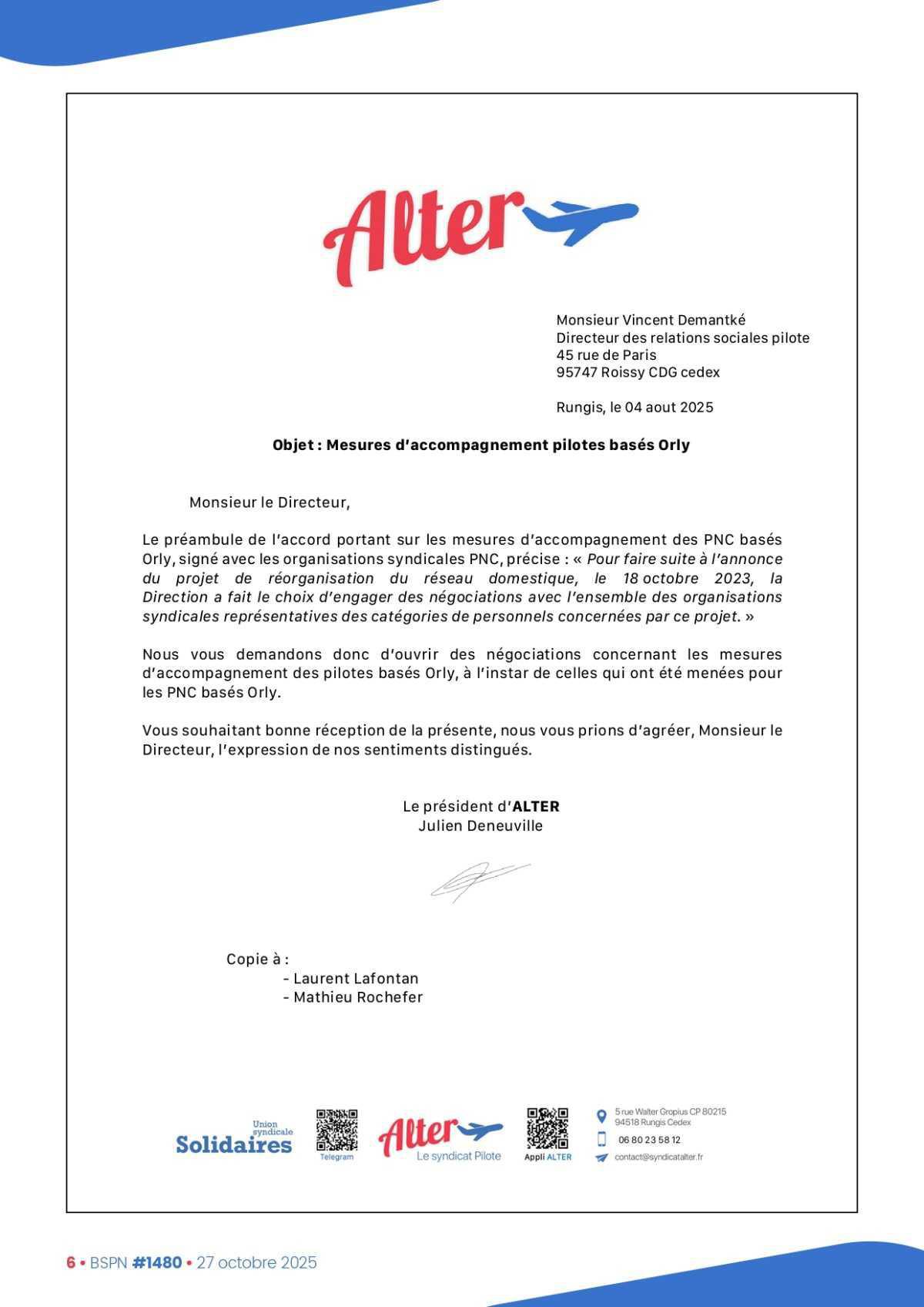 ALTER // Bulletin Syndical du Personnel Naviguant # 1480 du 27 octobre 2025