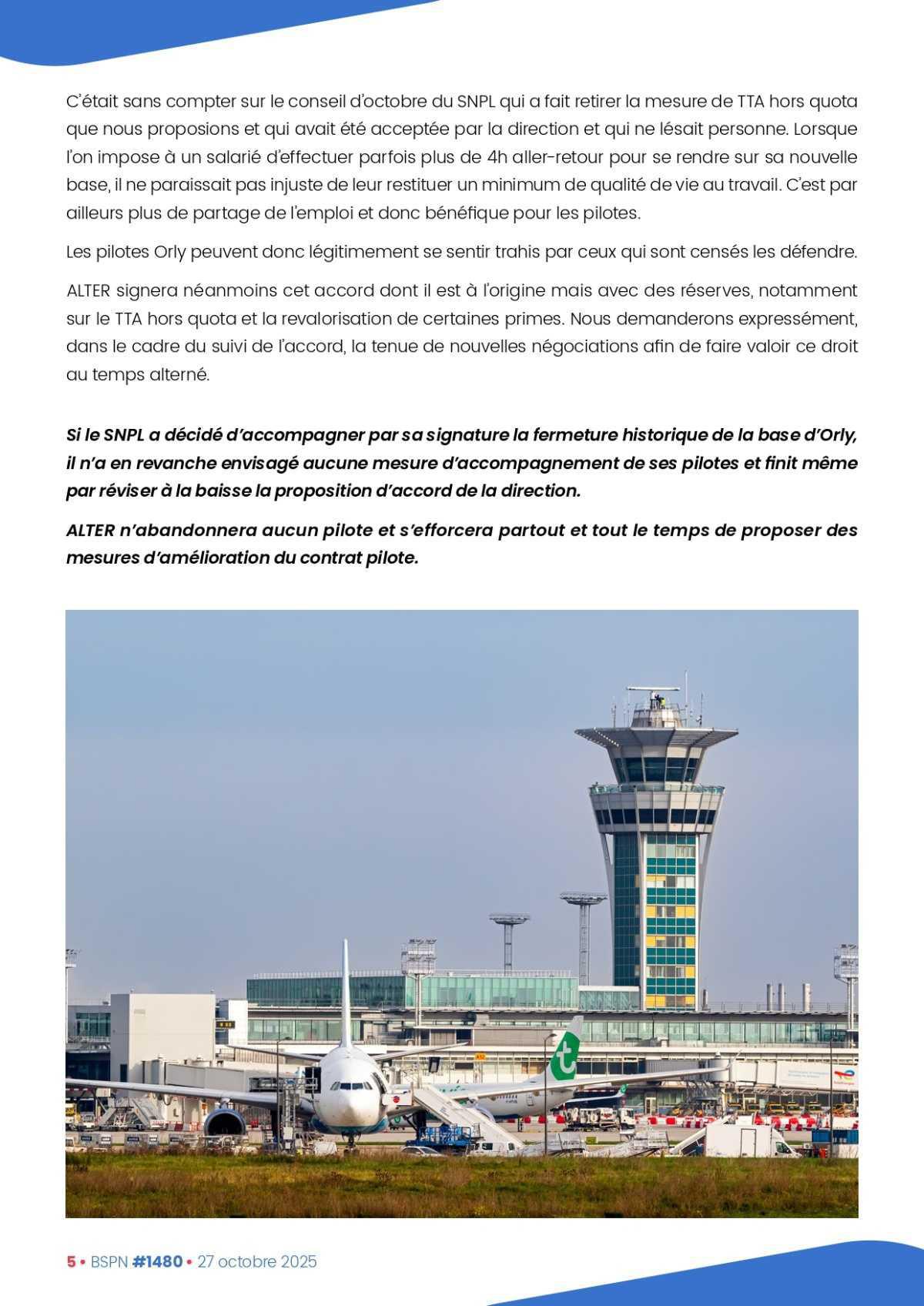 ALTER // Bulletin Syndical du Personnel Naviguant # 1480 du 27 octobre 2025