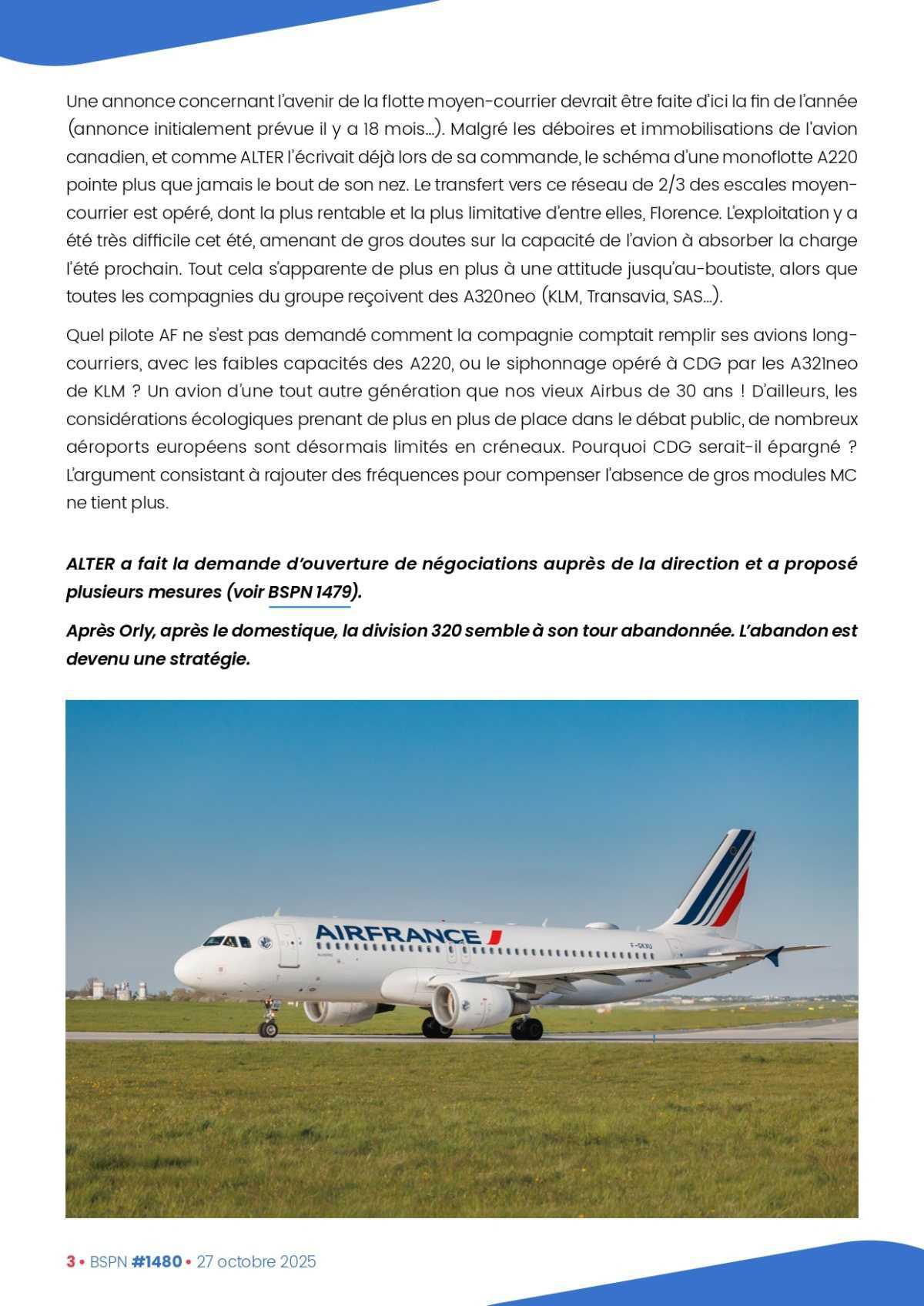 ALTER // Bulletin Syndical du Personnel Naviguant # 1480 du 27 octobre 2025