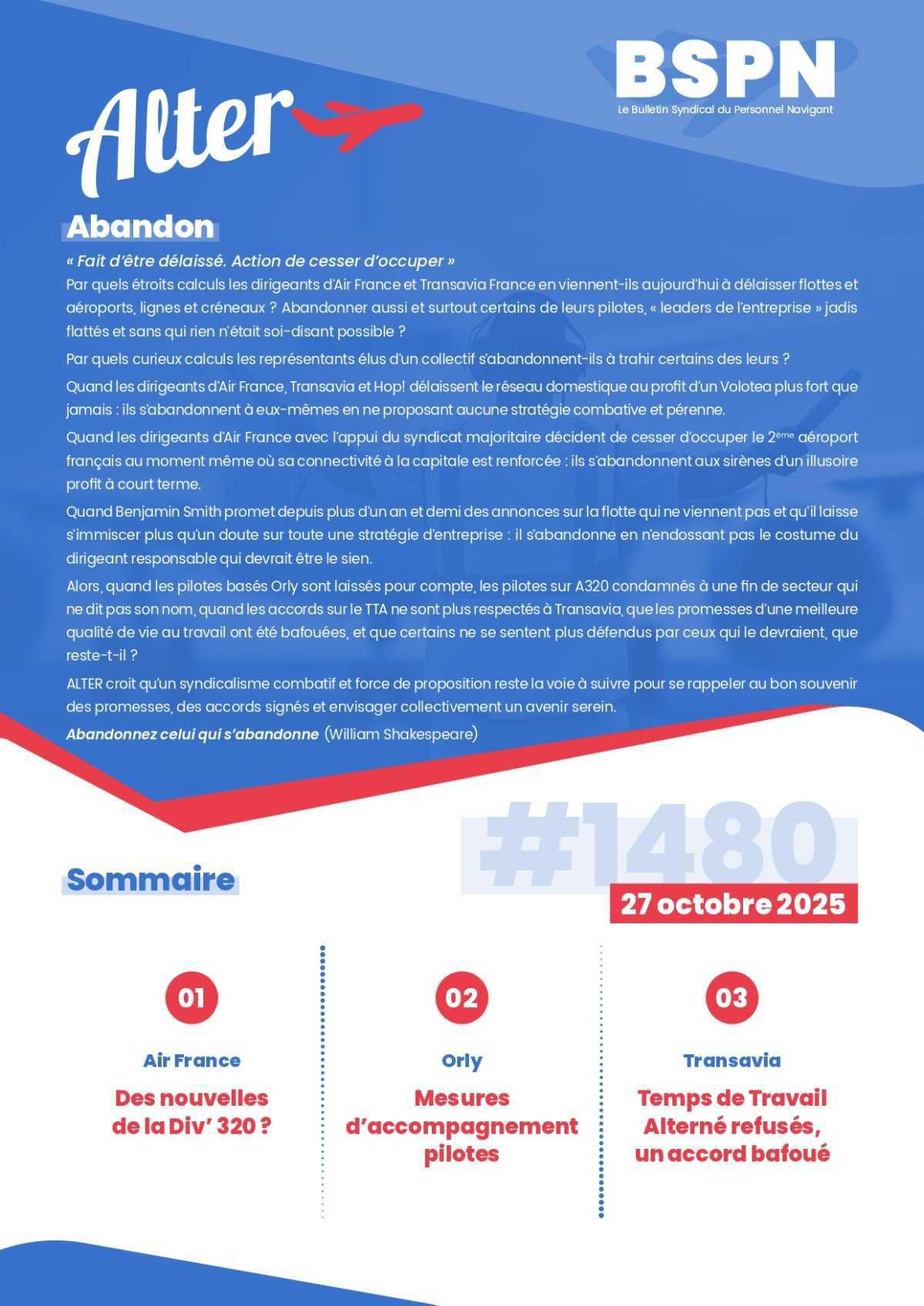 ALTER // Bulletin Syndical du Personnel Naviguant # 1480 du 27 octobre 2025