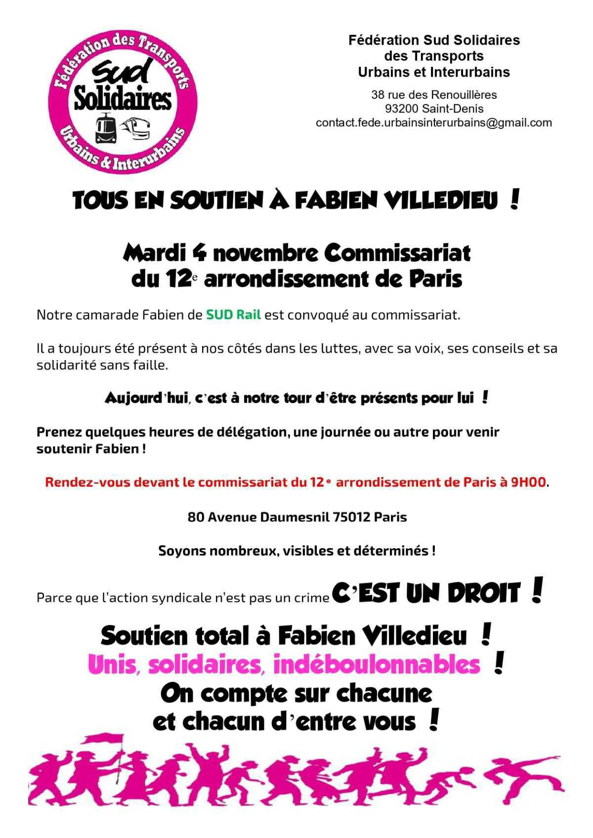 SUD Urbains/Interurbains : le 4/11 tous en soutien à Fabien Villedieu !
