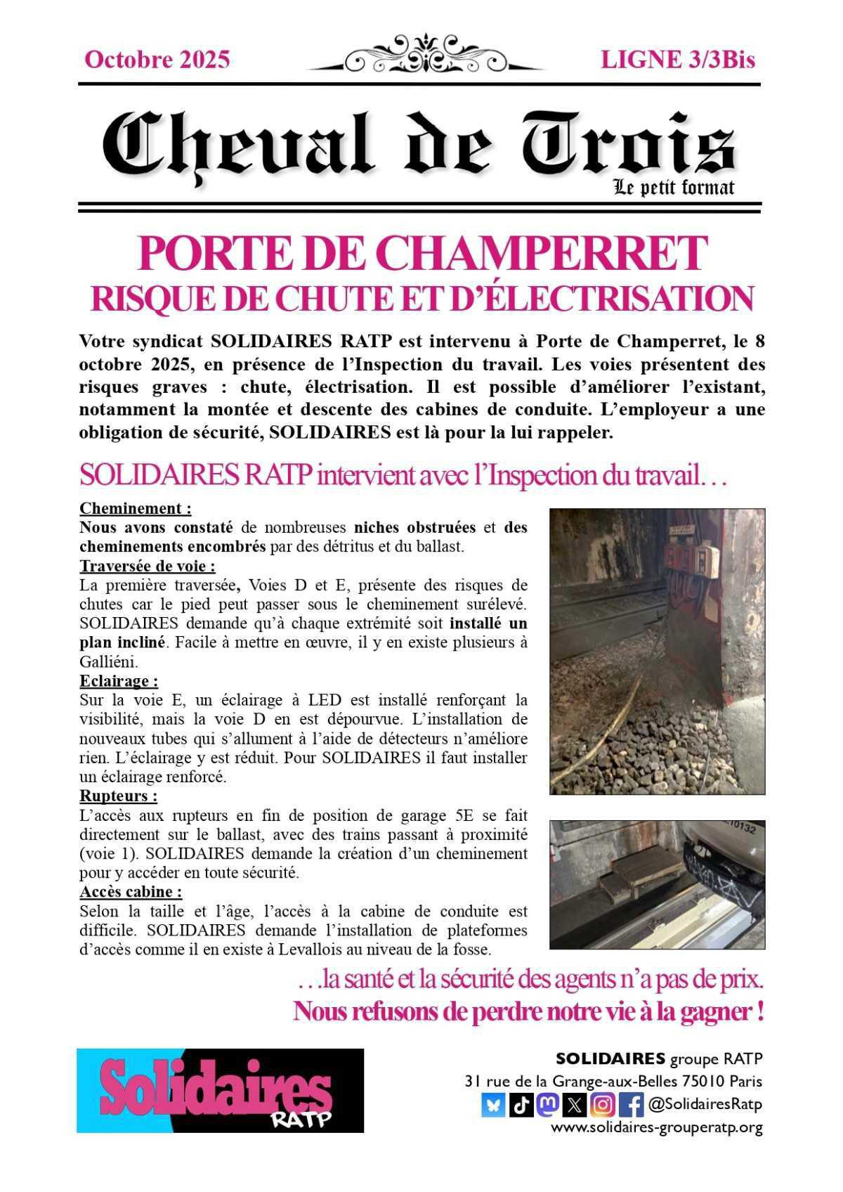 Solidaires RATP // Porte de Champerret : risque de chute et d'électrisation