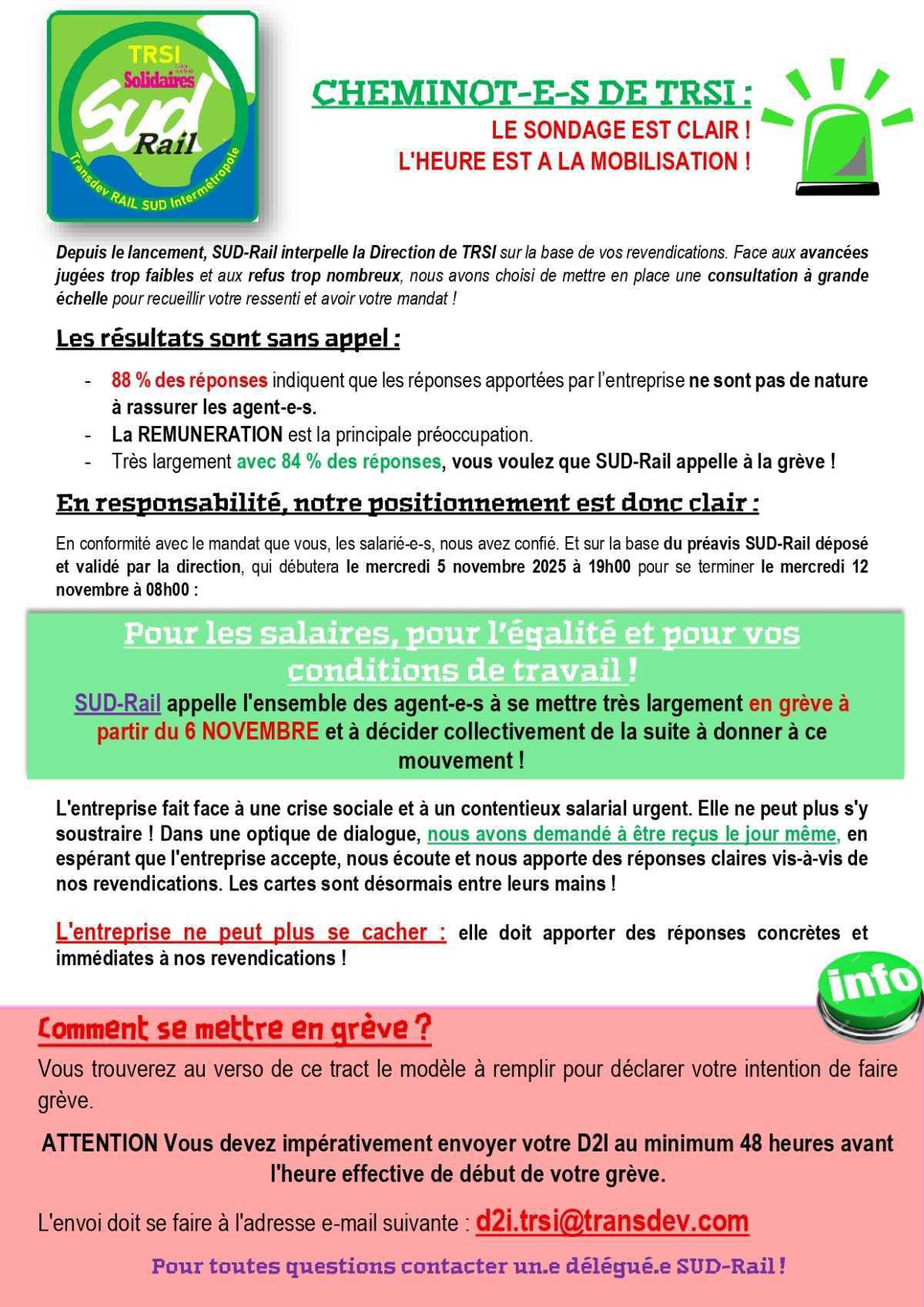 Préavis de grève SUD-Rail à TRANSDEV TRSI à partir du 6 novembre !