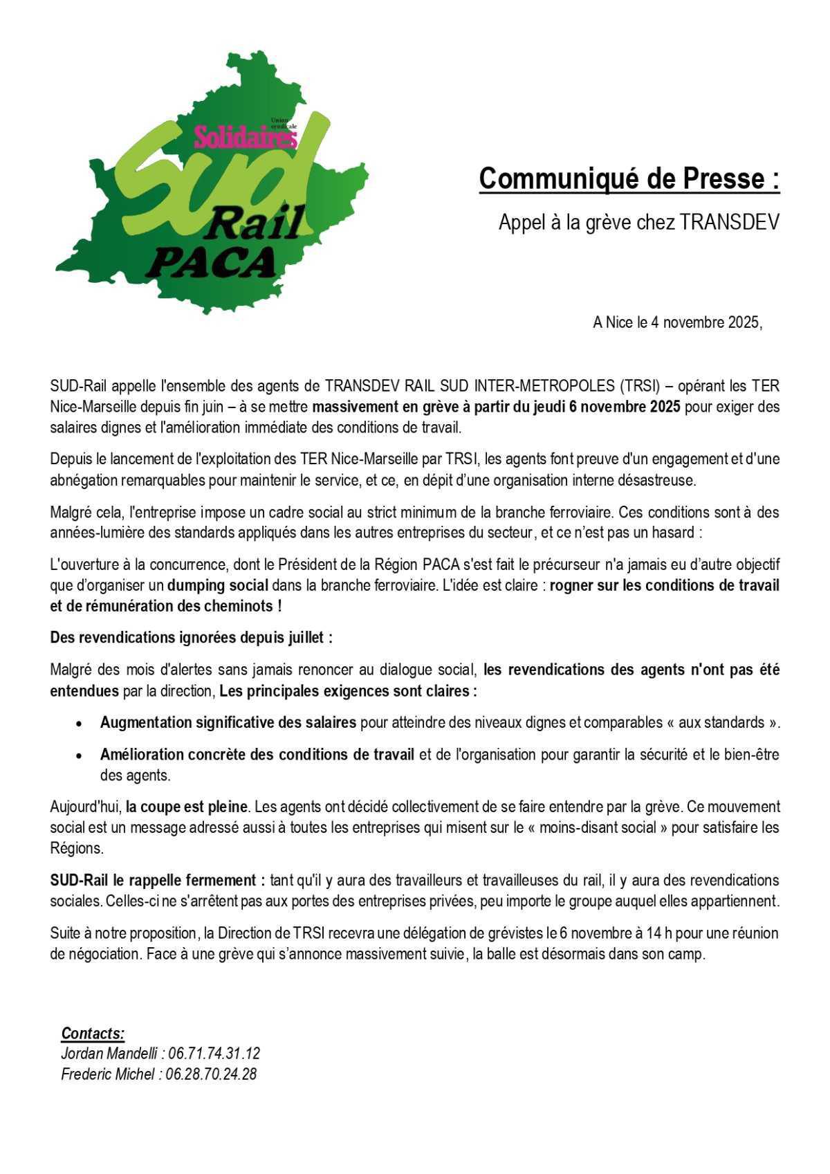 Grève de SUD-Rail à TRANSDEV TRSI sur PACA : Communiqué de presse