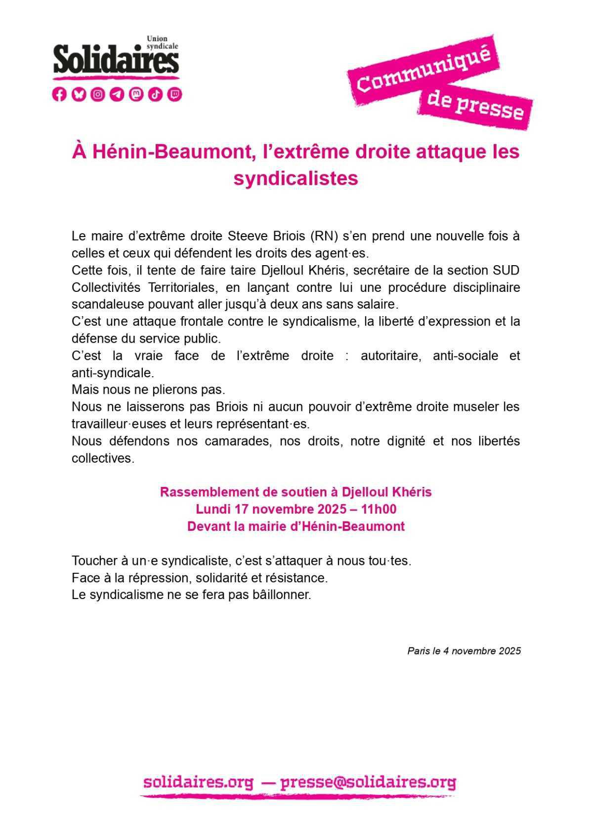 A Hénin-Beaumont, l'extrême-droite attaque les syndicalistes : RDV le 17/11 à 11h00