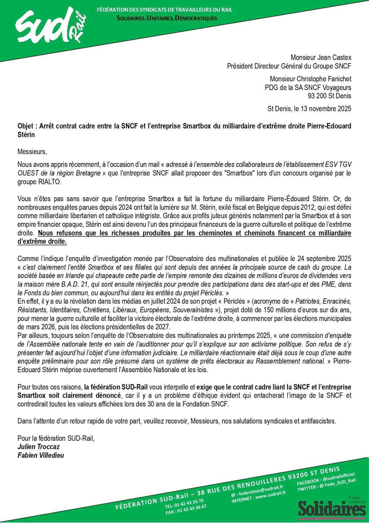 SUD-Rail // La SNCF ne doit pas financer le milliardaire d'extrême-droite P.E. Sterin 