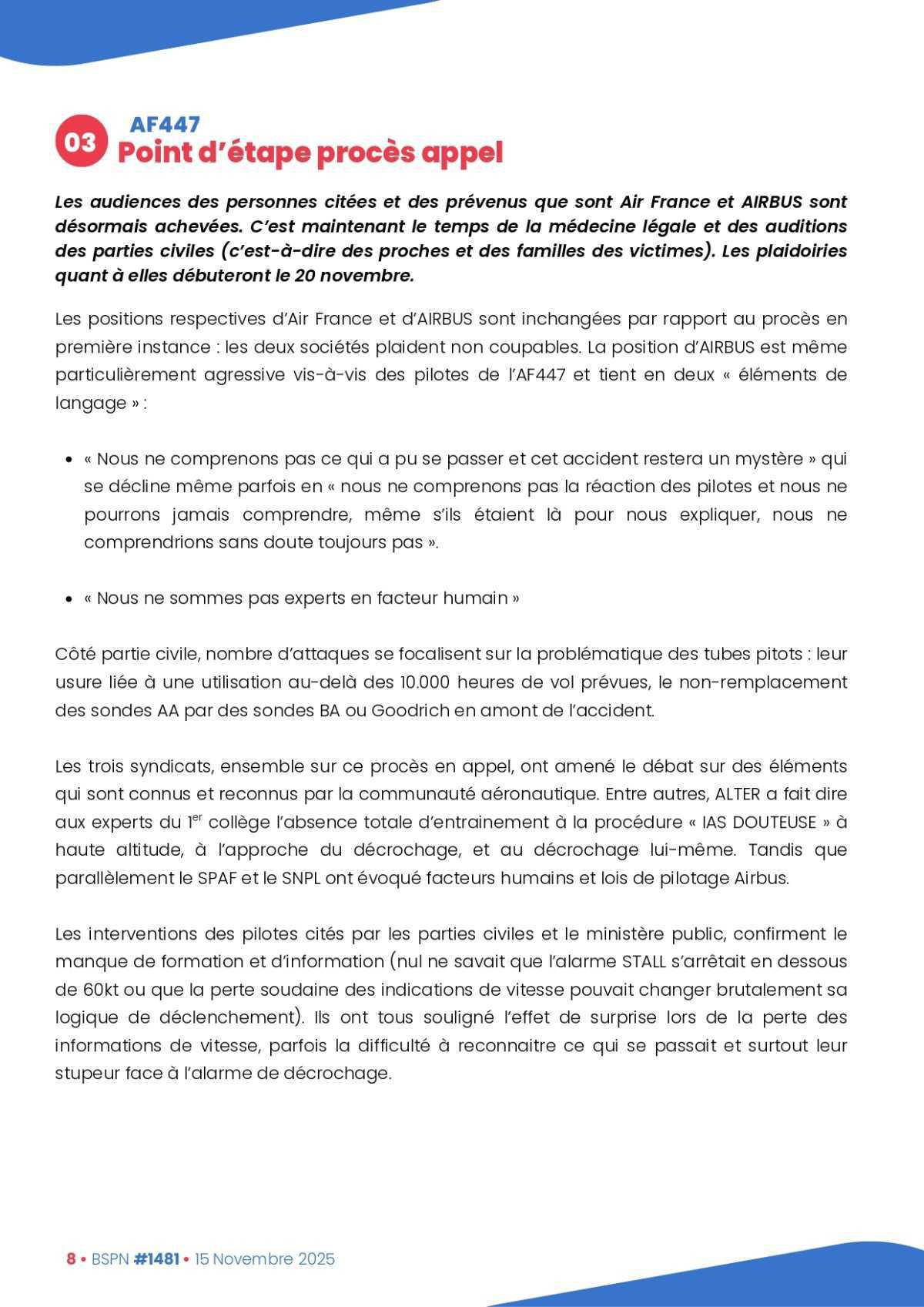 ALTER // Bulletin Syndical du Personnel Naviguant # 1481 du 15 novembre 2025