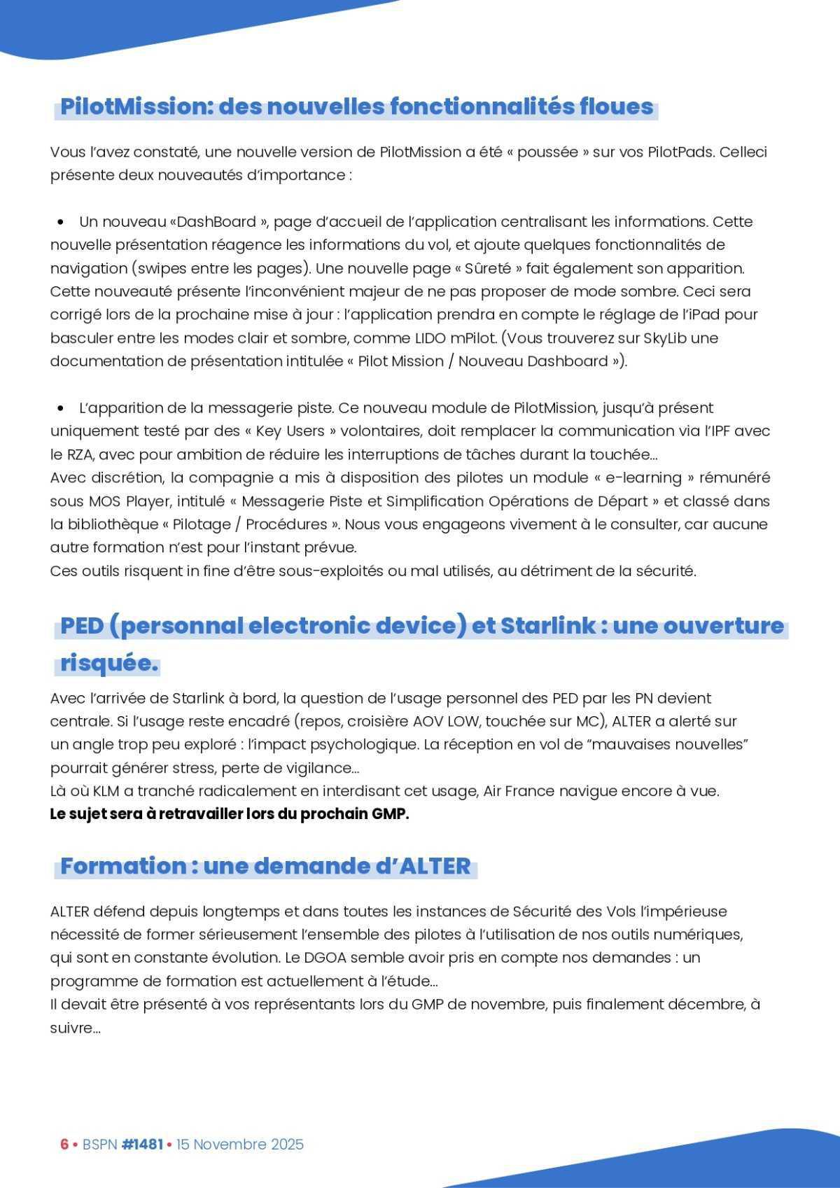 ALTER // Bulletin Syndical du Personnel Naviguant # 1481 du 15 novembre 2025