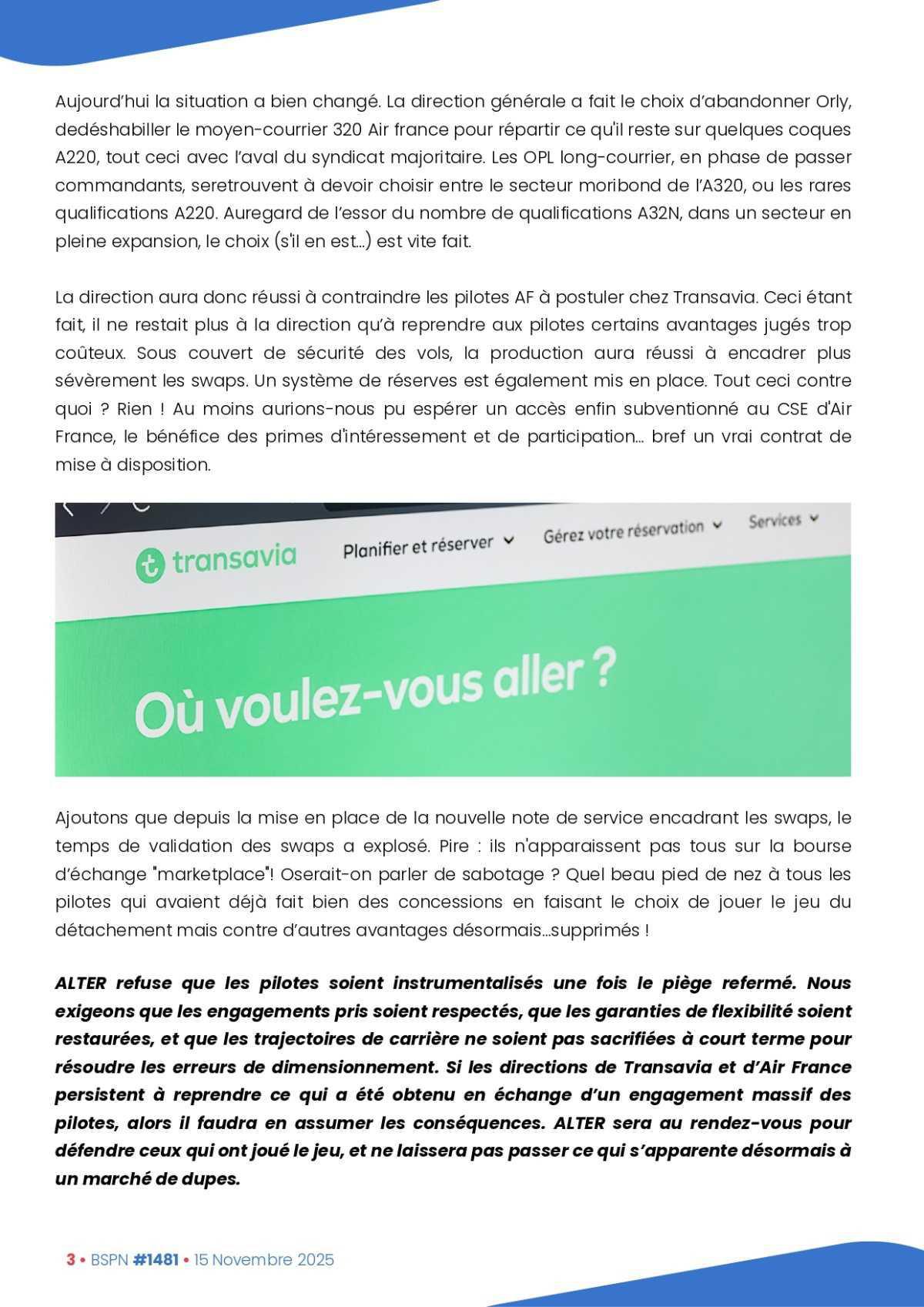 ALTER // Bulletin Syndical du Personnel Naviguant # 1481 du 15 novembre 2025