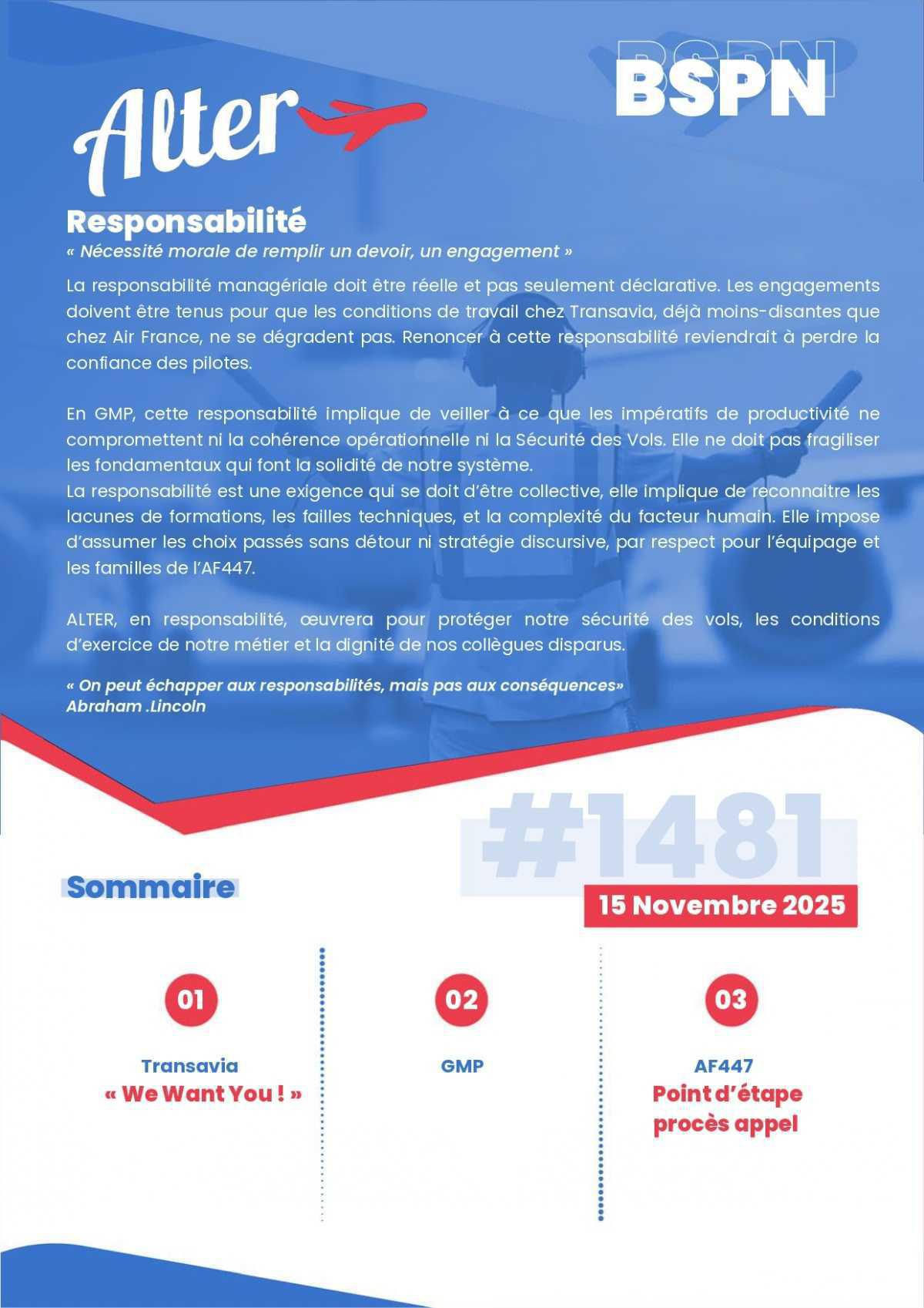 ALTER // Bulletin Syndical du Personnel Naviguant # 1481 du 15 novembre 2025